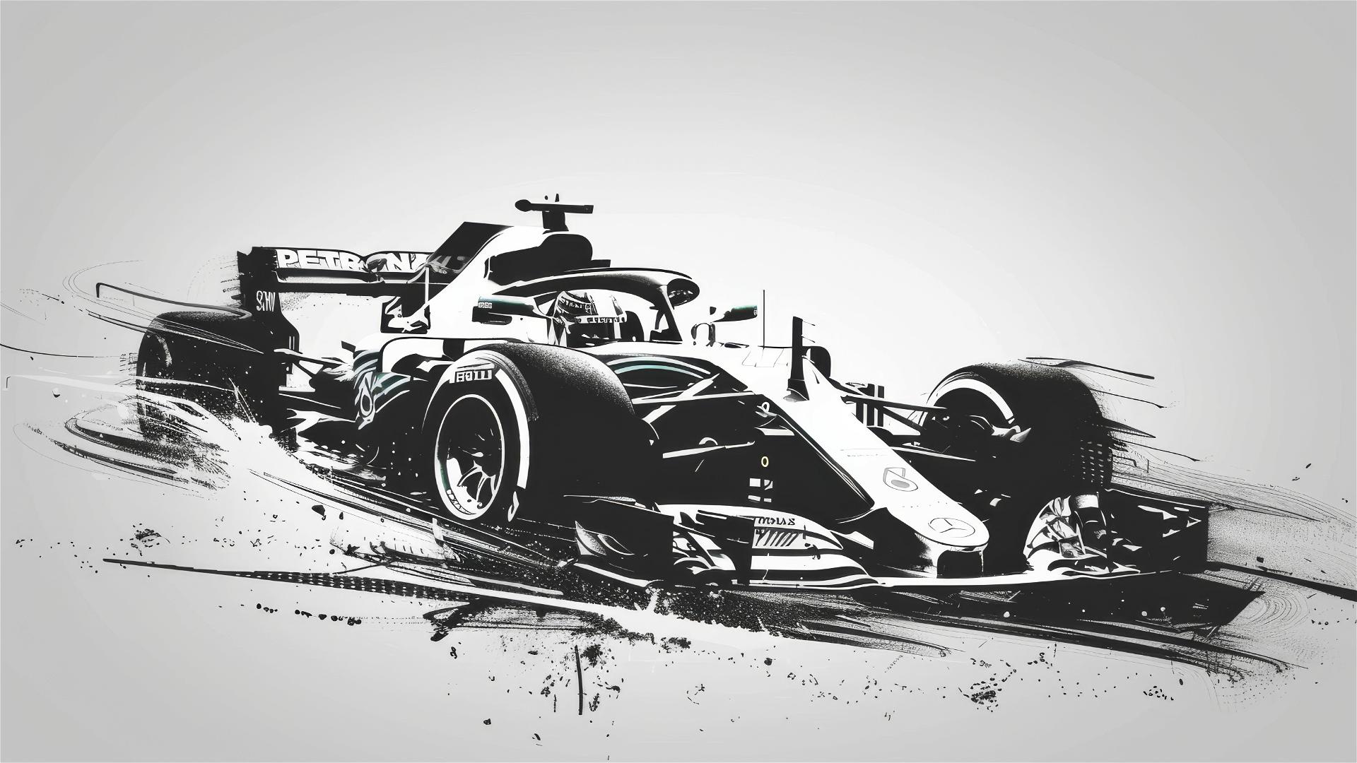Lewis Hamilton F1 car minimalist poster in black and white