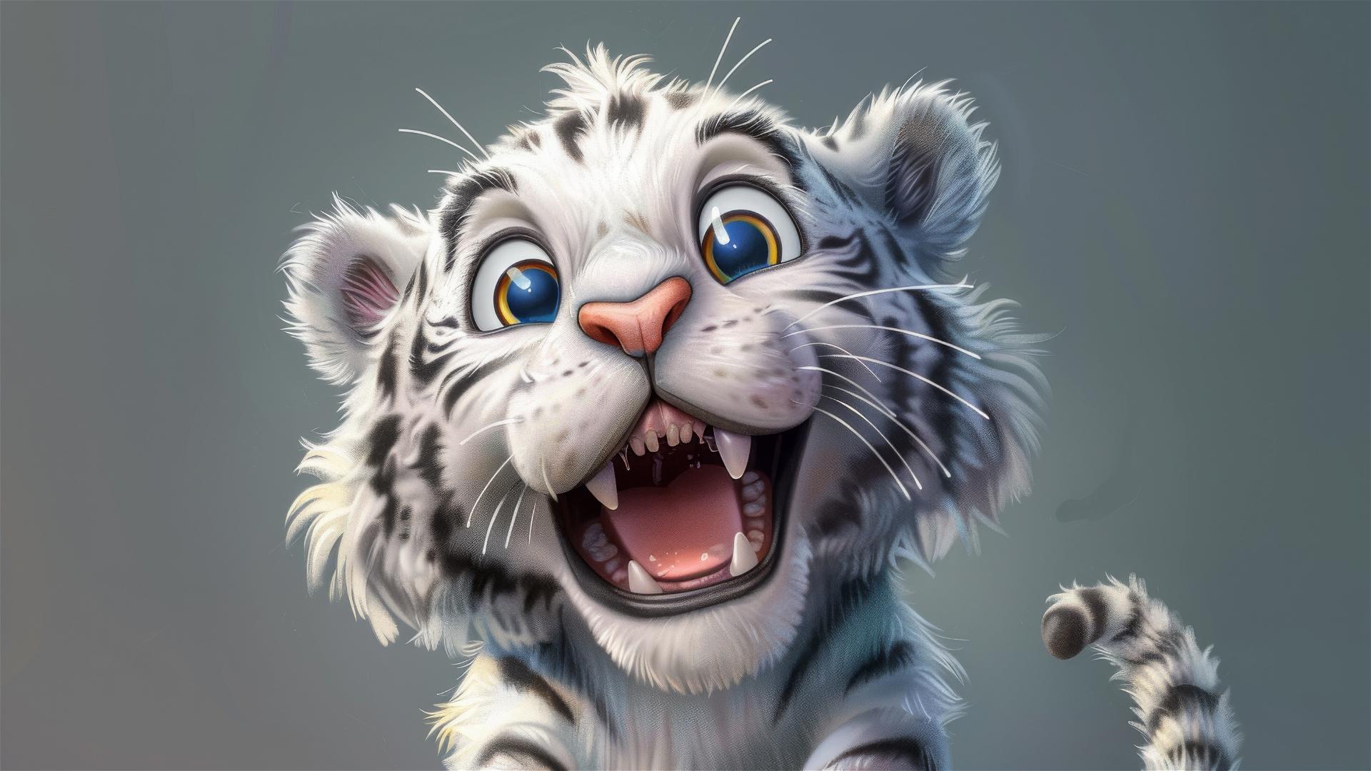 Happy white tiger caricature by Tiago Hoisel style, showing teeth