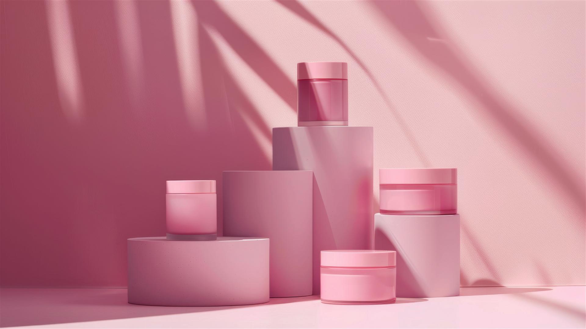 minimalist product photo of beauty range with rose pink and 80s lighting