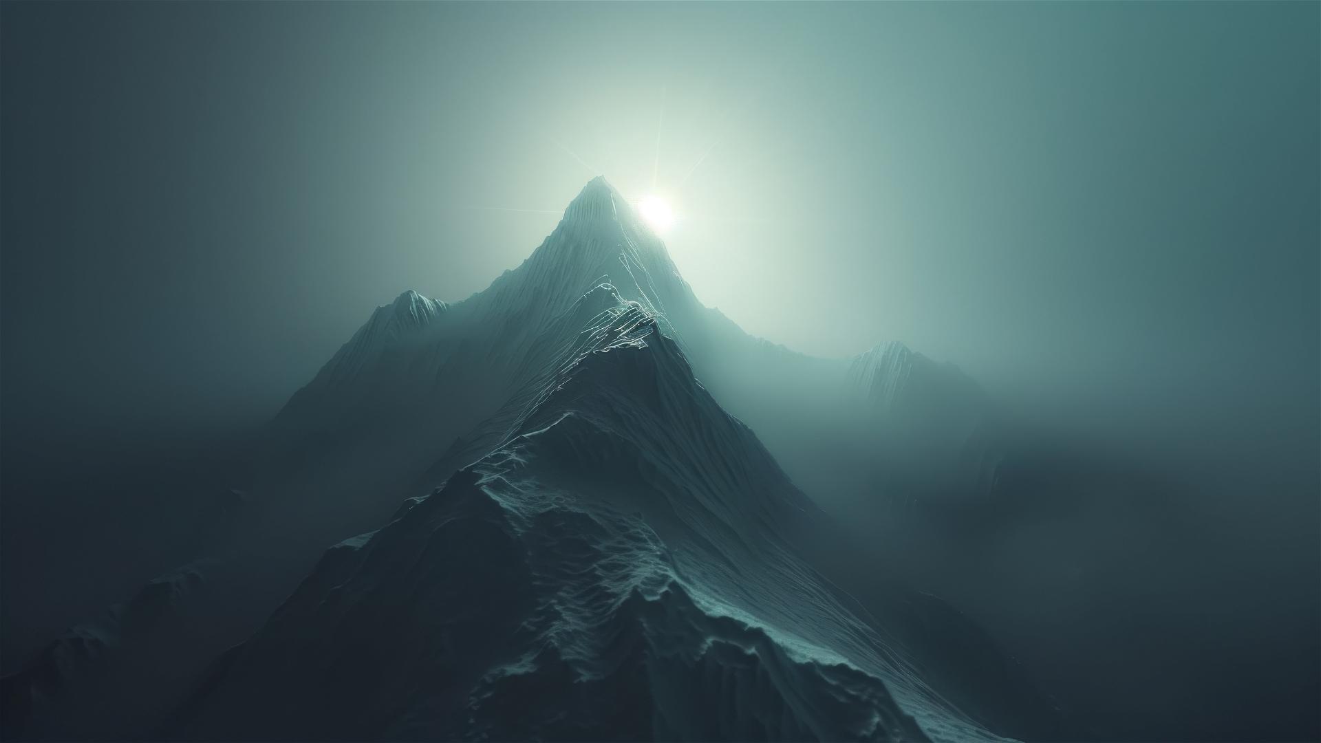 Misty futuristic mountain beacon with volumetric LED light.