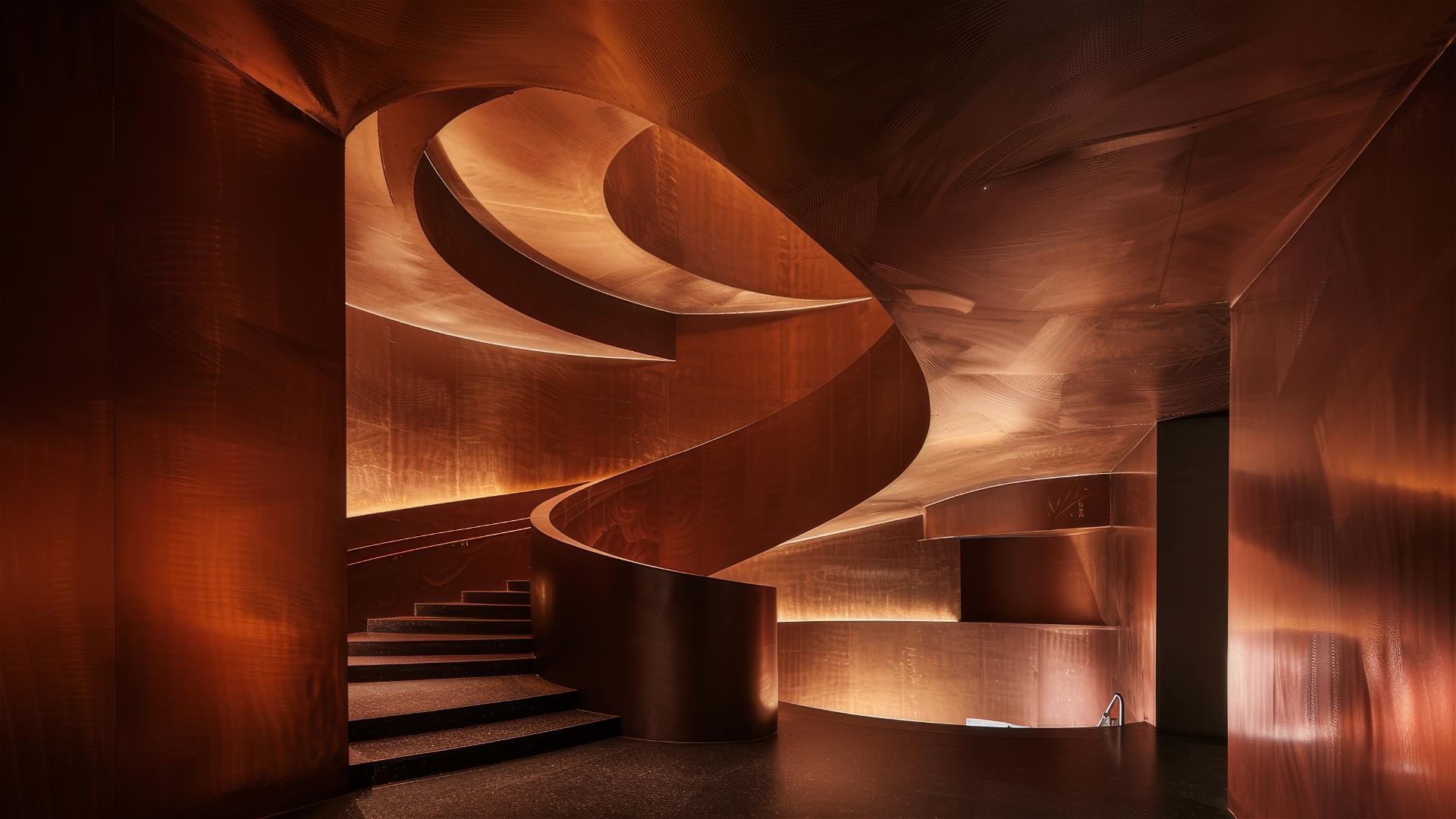 Majestic curved staircase in deep copper tones with dramatic lighting