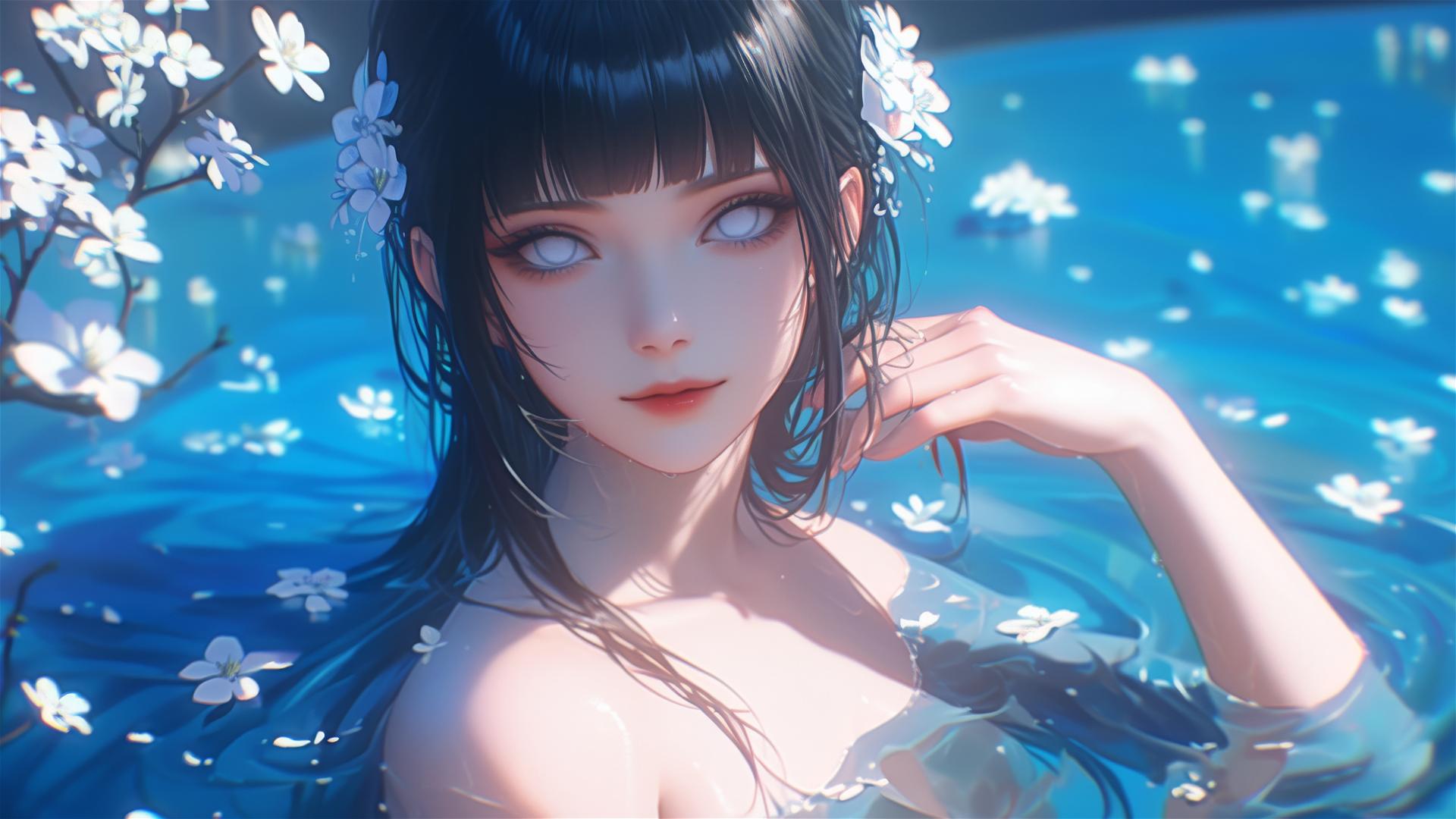 Hinata Hyuga in a tub full of flowers inside a Chinese spa