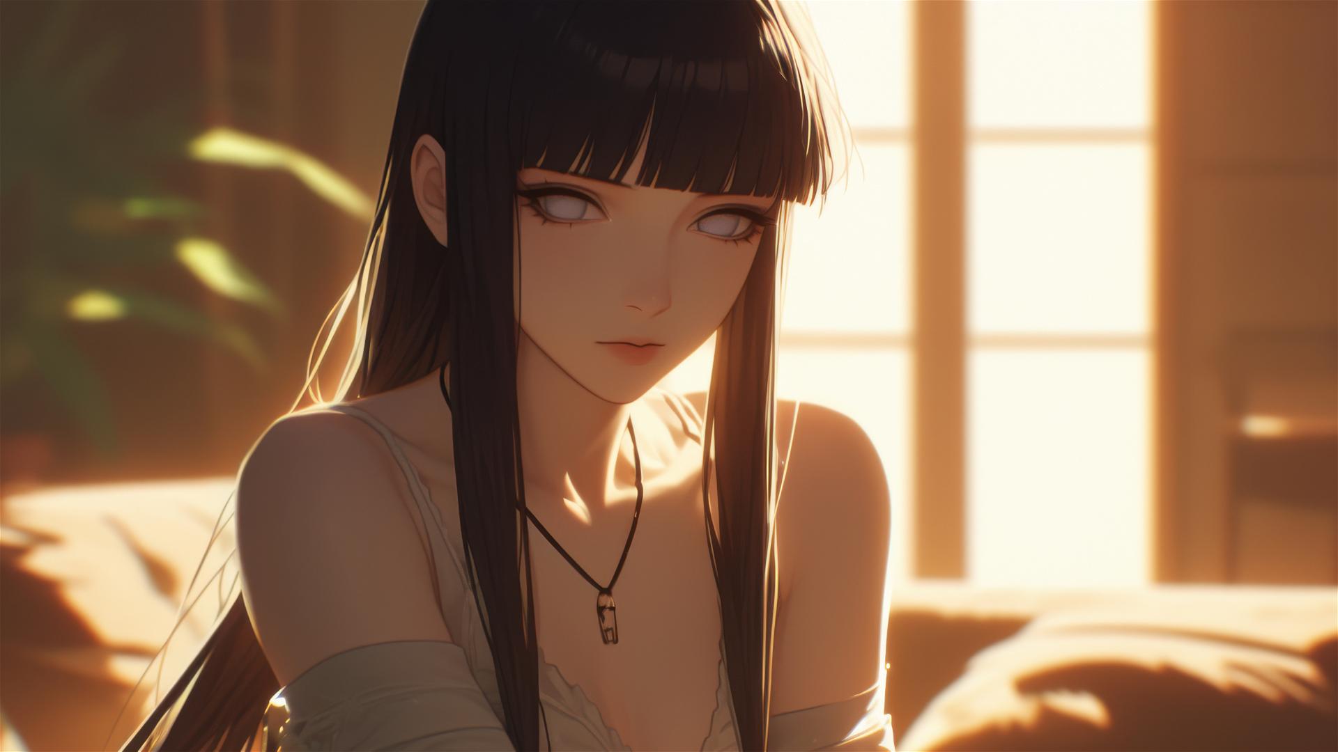 Hinata Hyuga from Naruto sitting in a modern hotel with warm light.