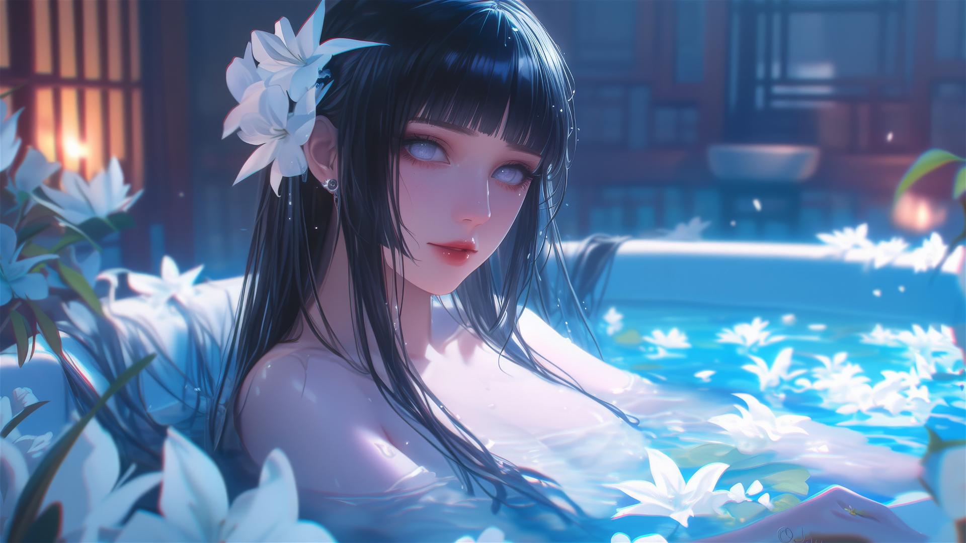 Hinata Hyuga from Naruto in tub, surrounded by flowers in Chinese spa