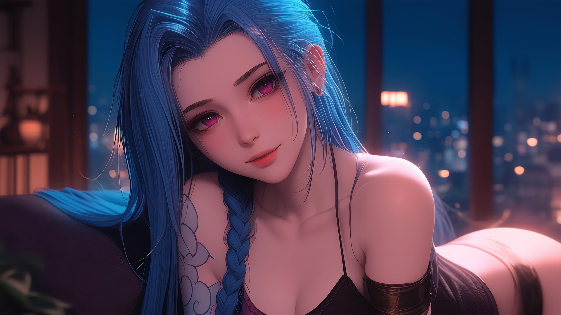 Jinx from League of Legends resting in an apartment with moonlight.