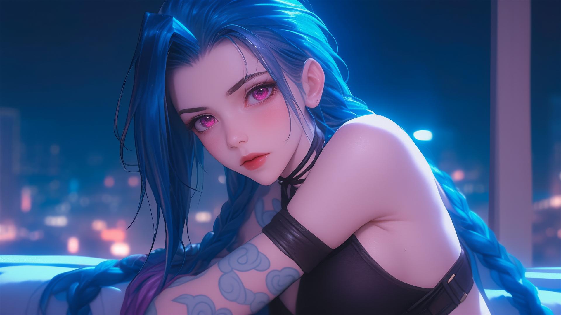 Jinx from League of Legends resting in an apartment with moonlit glow