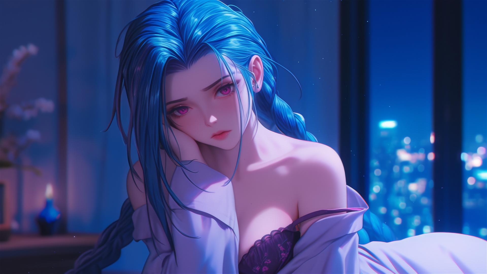 Jinx from League of Legends in silk pajamas, under moonlight in an apartment