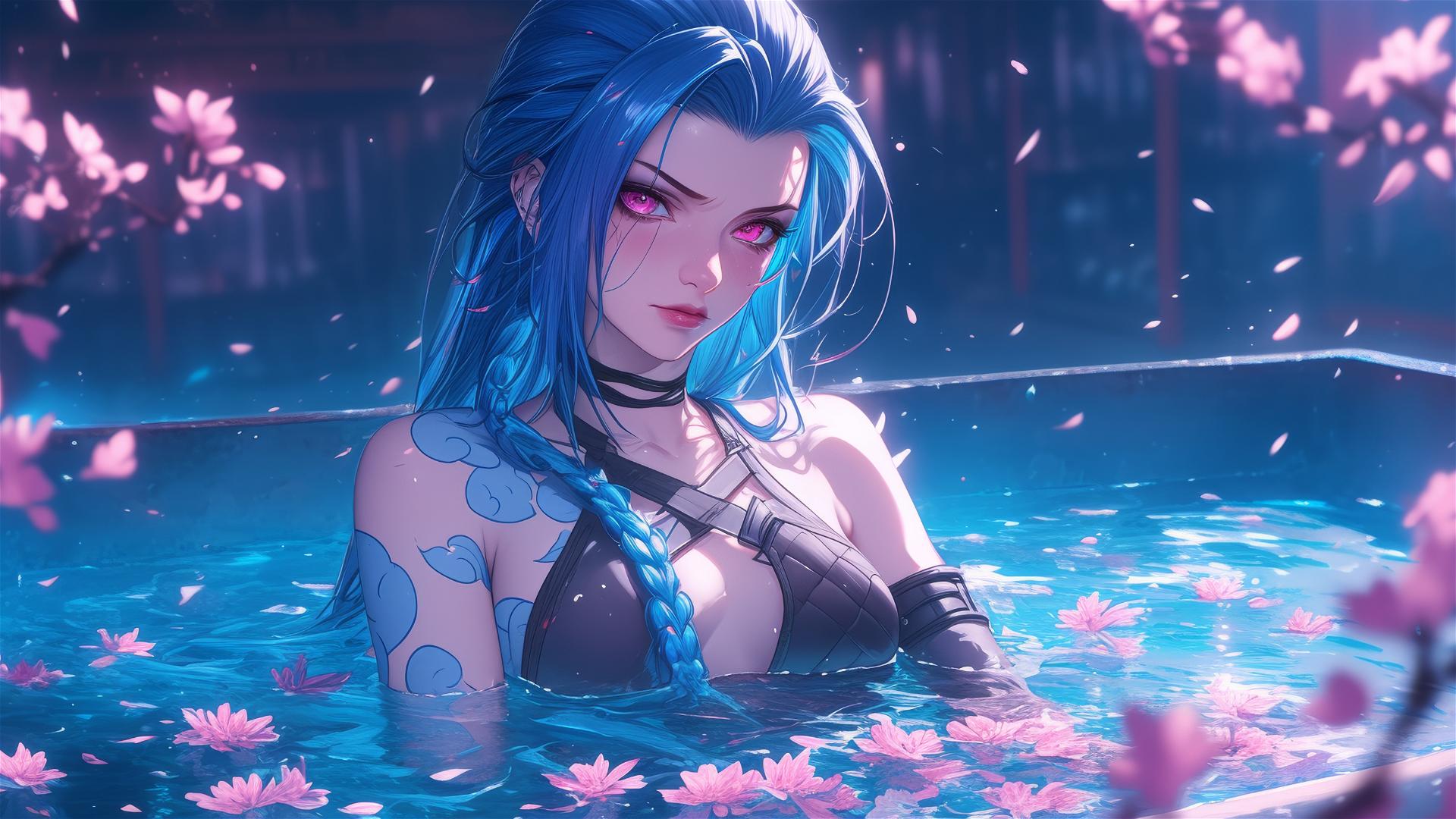 Jinx from League of Legends in tub with flowers in a Chinese spa