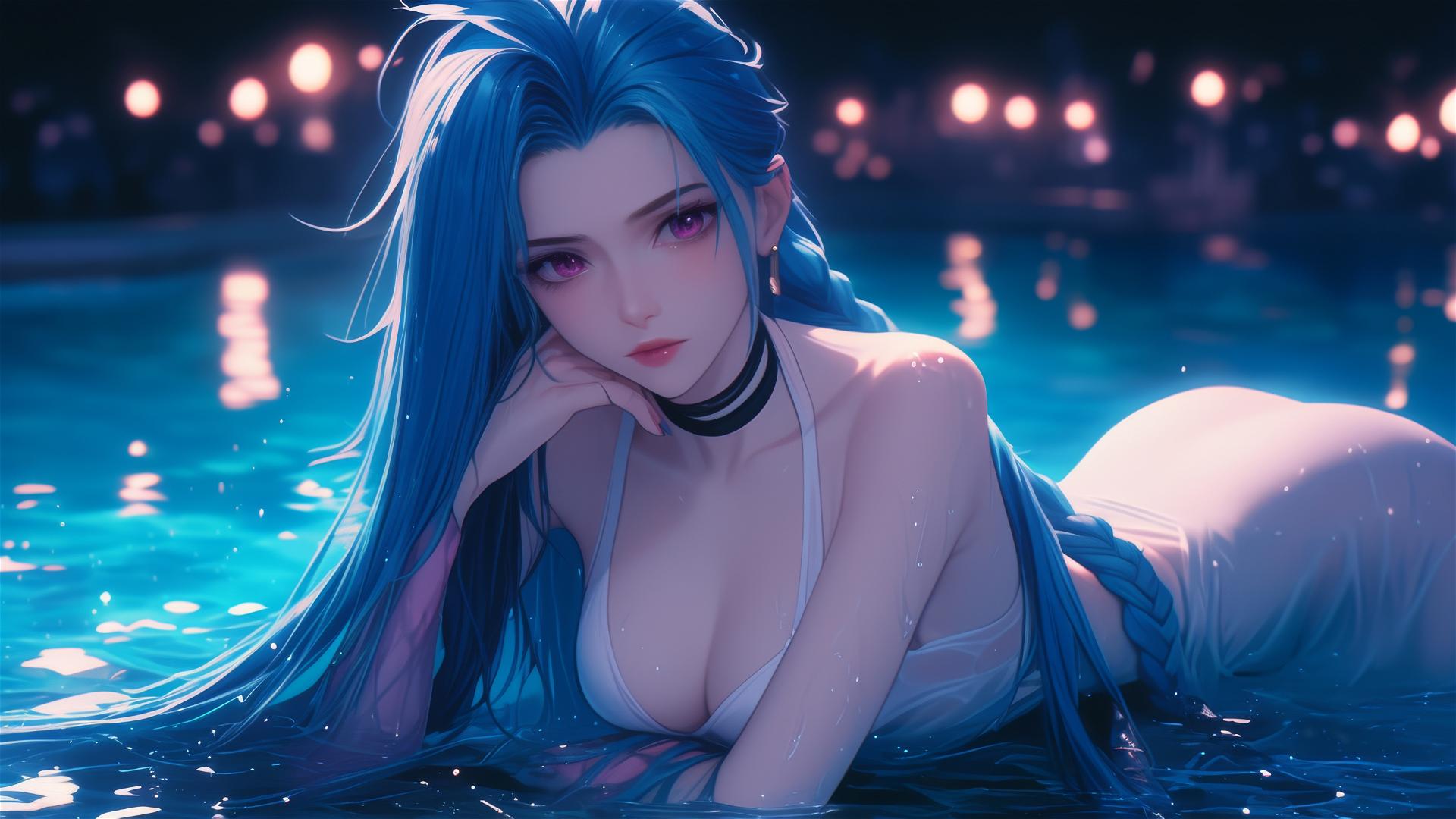 Jinx from League of Legends relaxing at a rainy swimming pool under moonlight.