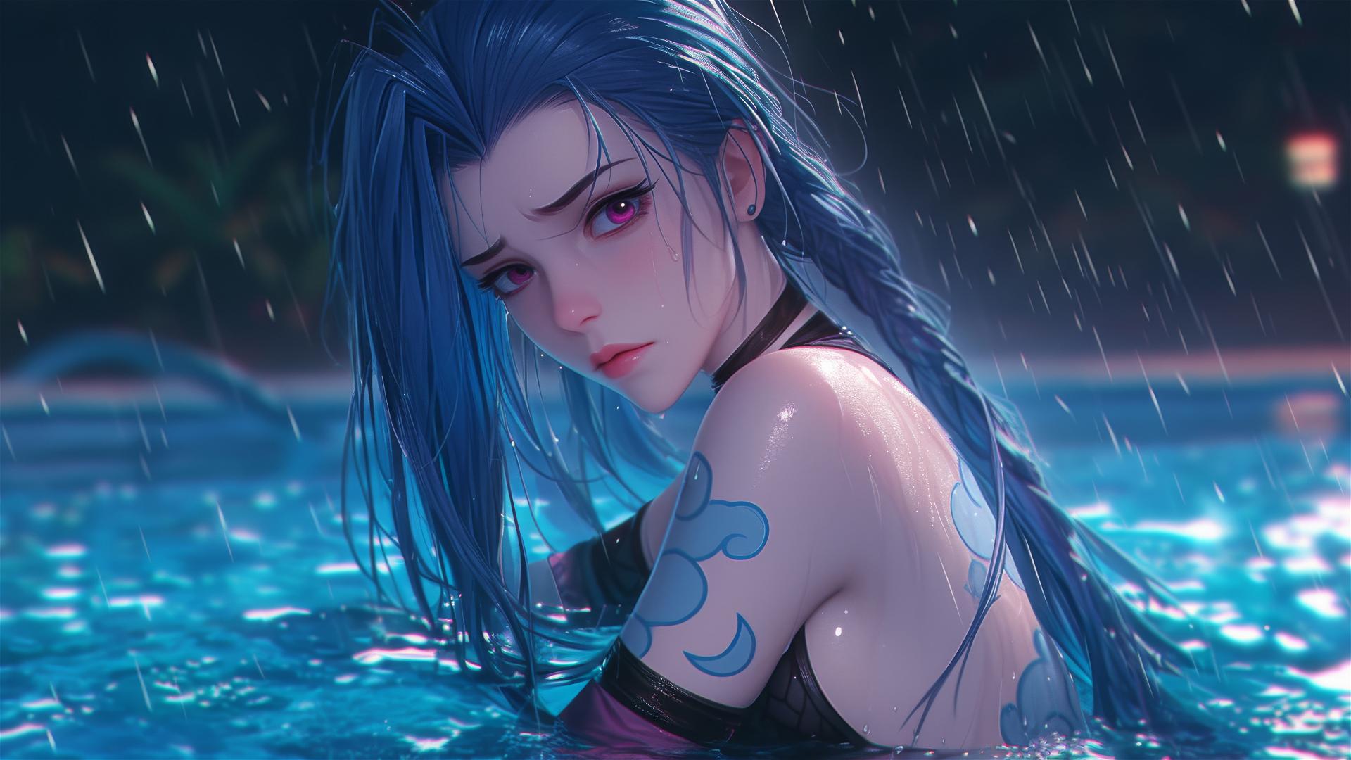 Jinx from League of Legends resting at a rainy pool with moonlight
