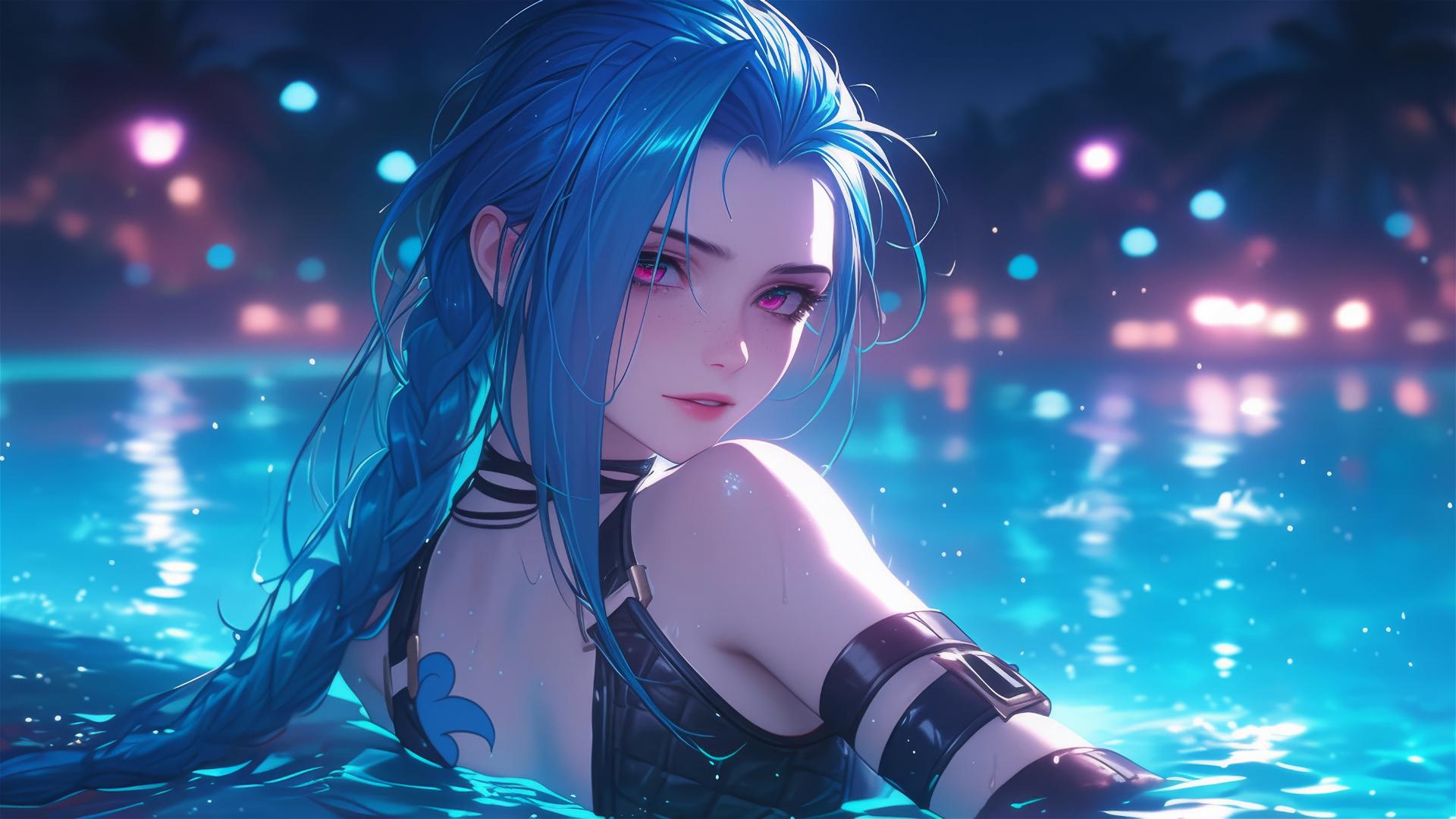 Jinx from League of Legends resting at rainy pool with moonlight glow
