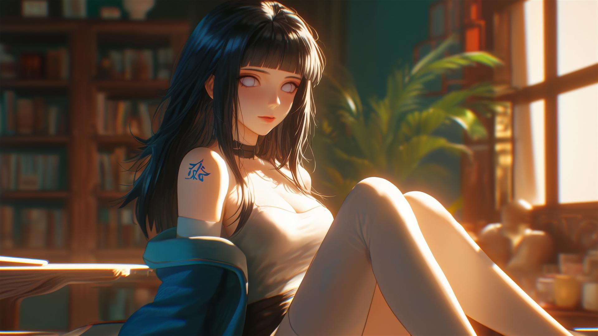 Hinata Hyuga sitting in a modern hotel with warm light glowing on her.