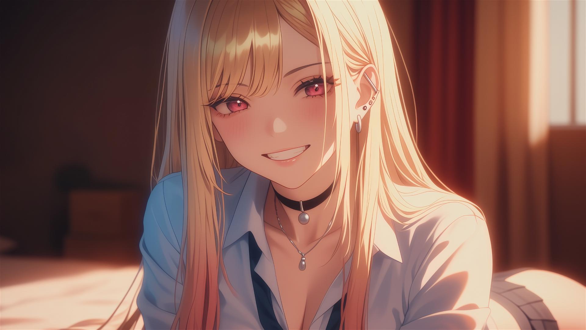 Marin Kitagawa sitting on hotel bed with moonlight glow, silky blonde hair