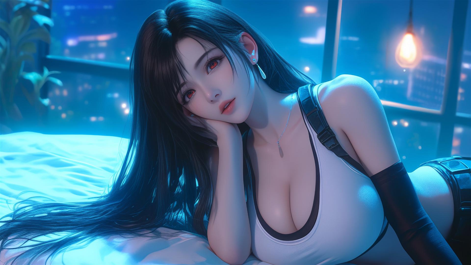 Tifa Lockhart resting in her room under moonlight