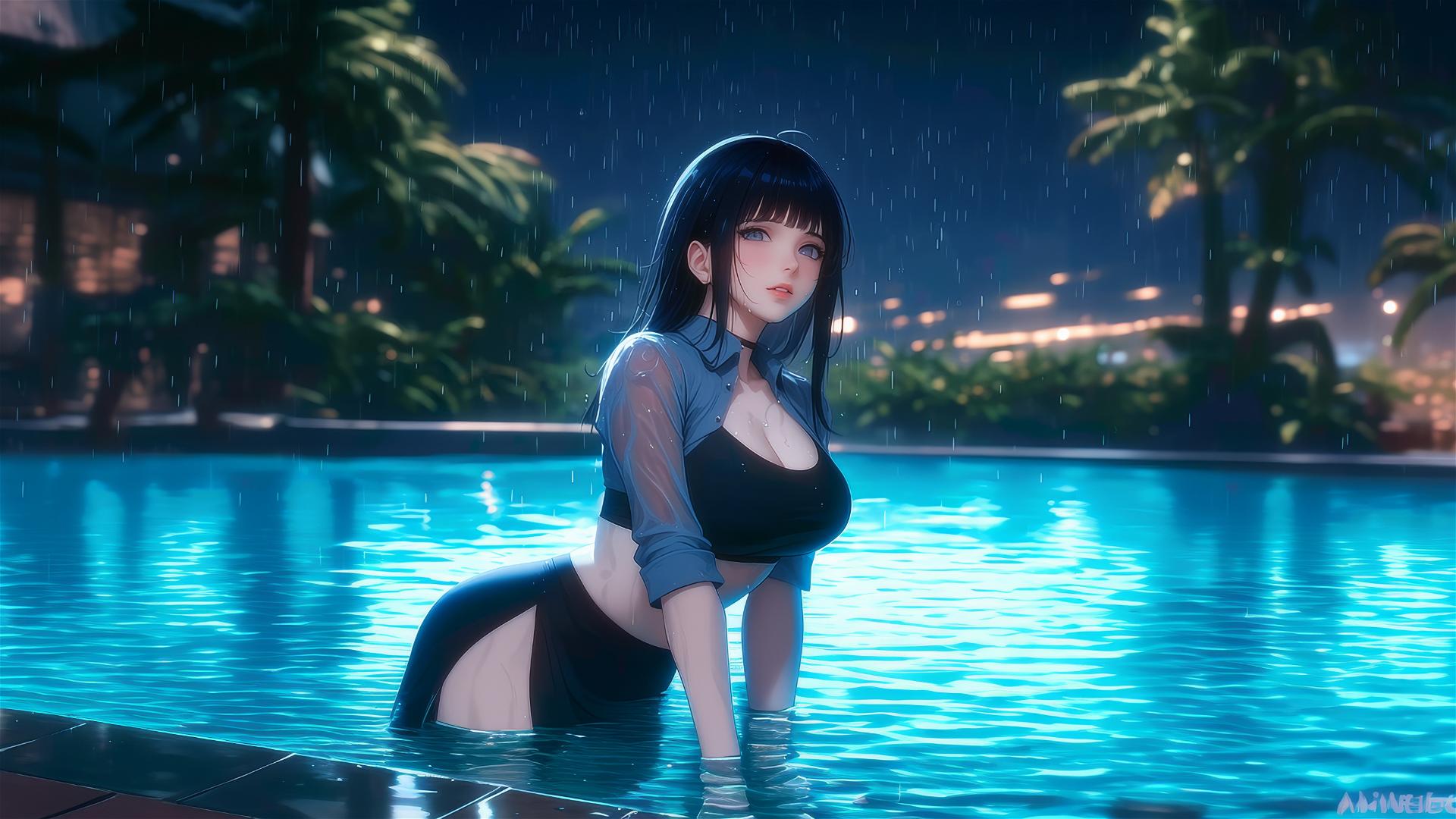 Hinata Hyuga resting by a rainy pool under moonlight