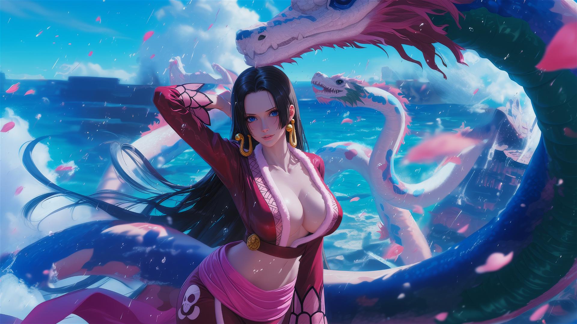 Boa Hancock from One Piece floating with a powerful aura, intricate details