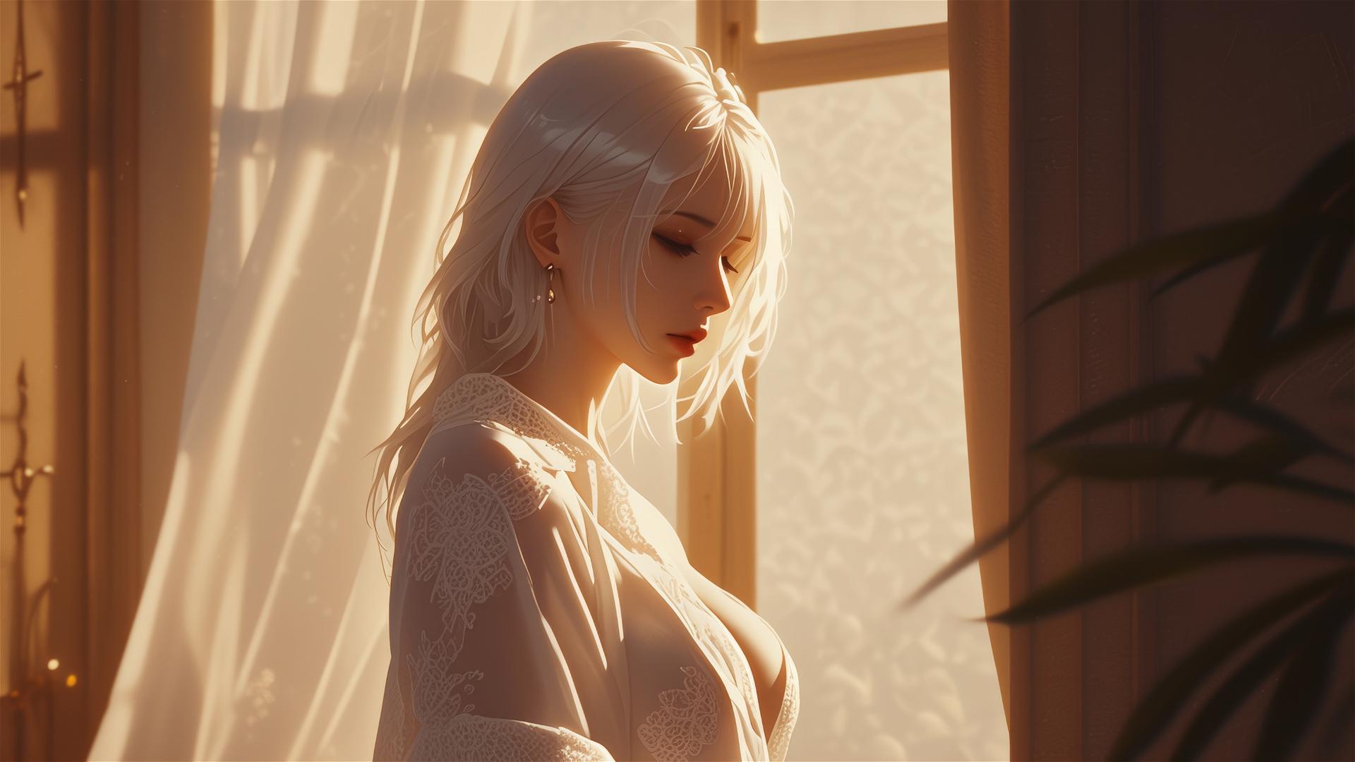 2B from Nier in white silk pajamas standing by a window at sunrise