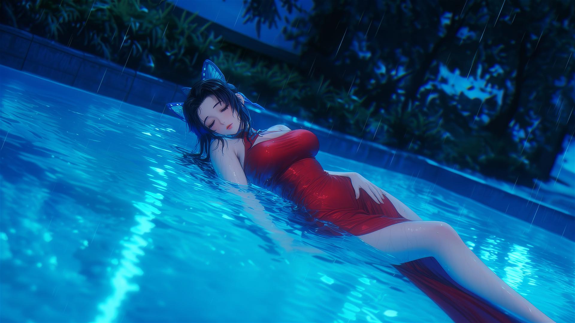 Shinobu Kocho from Demon Slayer resting by a rainy pool, moonlight glow, red dress.