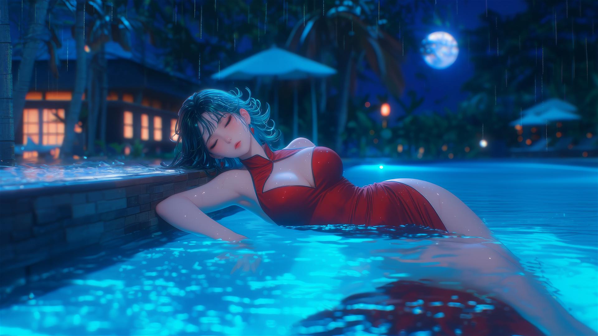 Tatsumaki from One-Punch Man resting by the pool under moonlight, in a red dress, rainy.