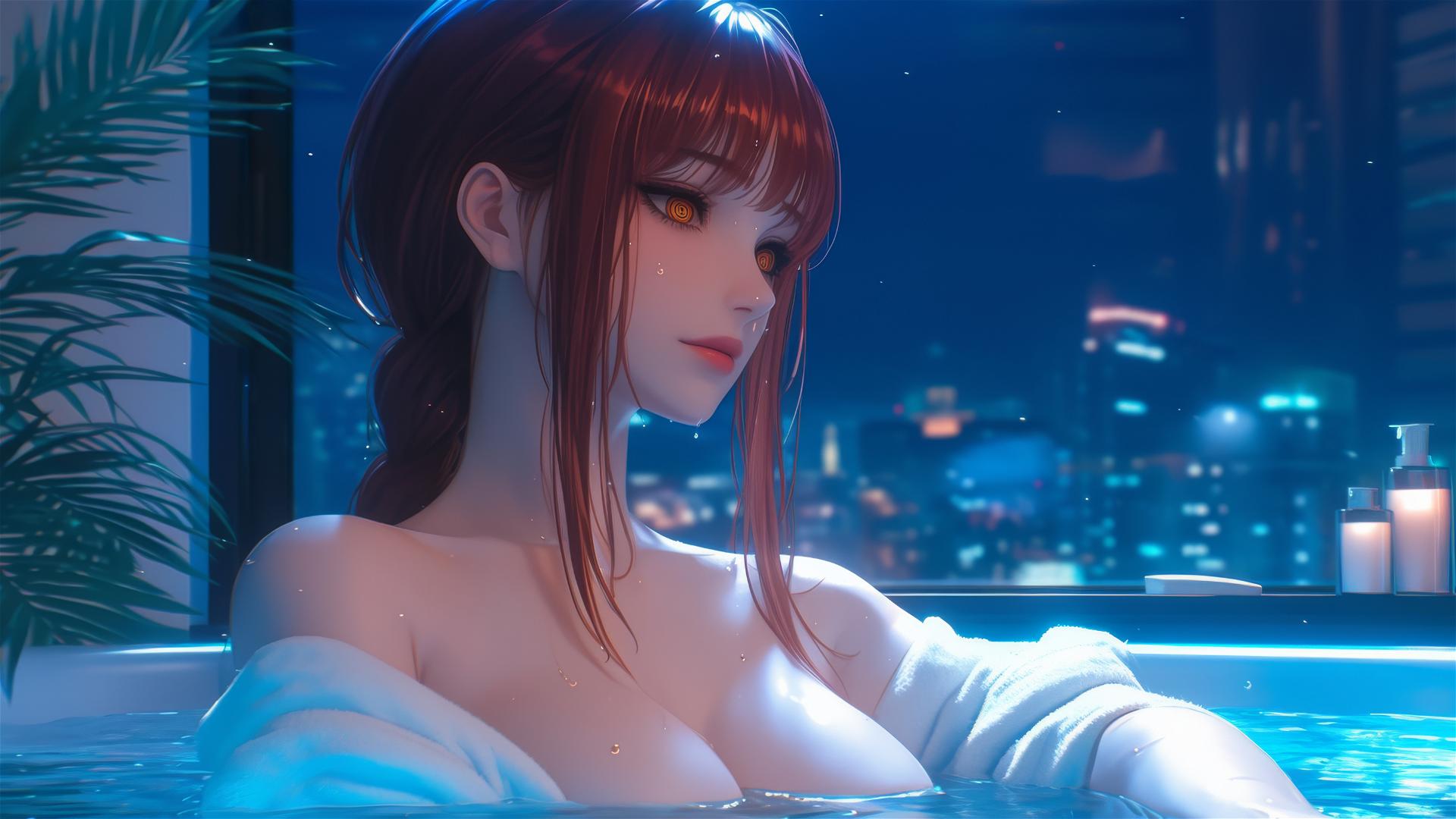 Makima from Chainsaw Man resting in a tub under moonlight, reddish hair.