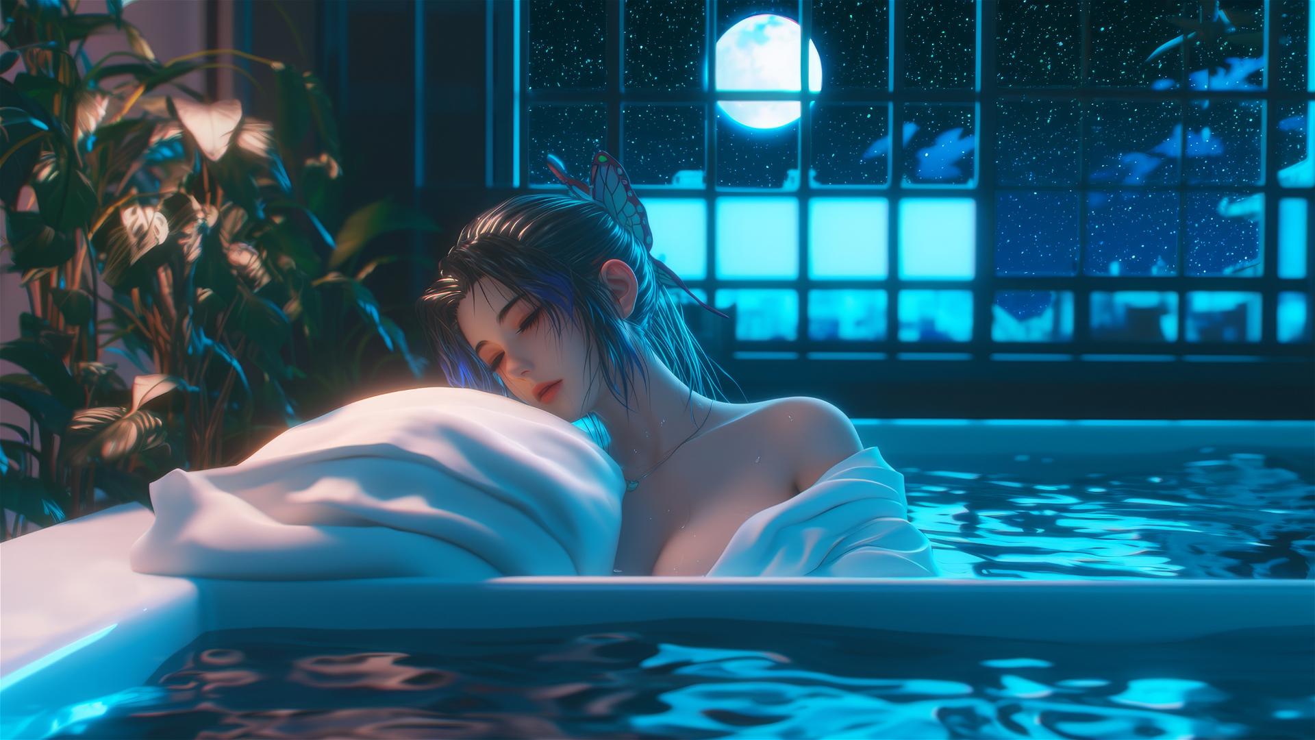 Shinobu Kocho from Demon Slayer resting in a tub with moonlight glow.