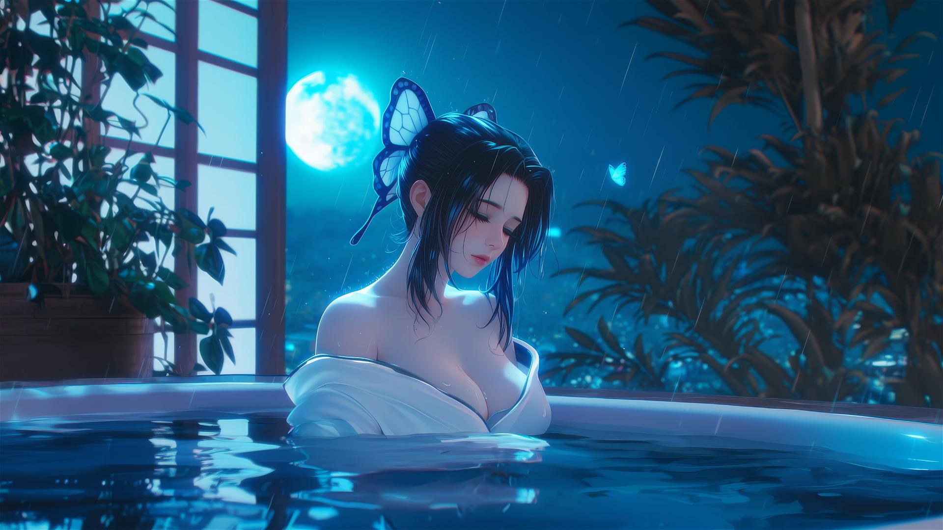 Shinobu Kocho resting in a tub with moonlight glow