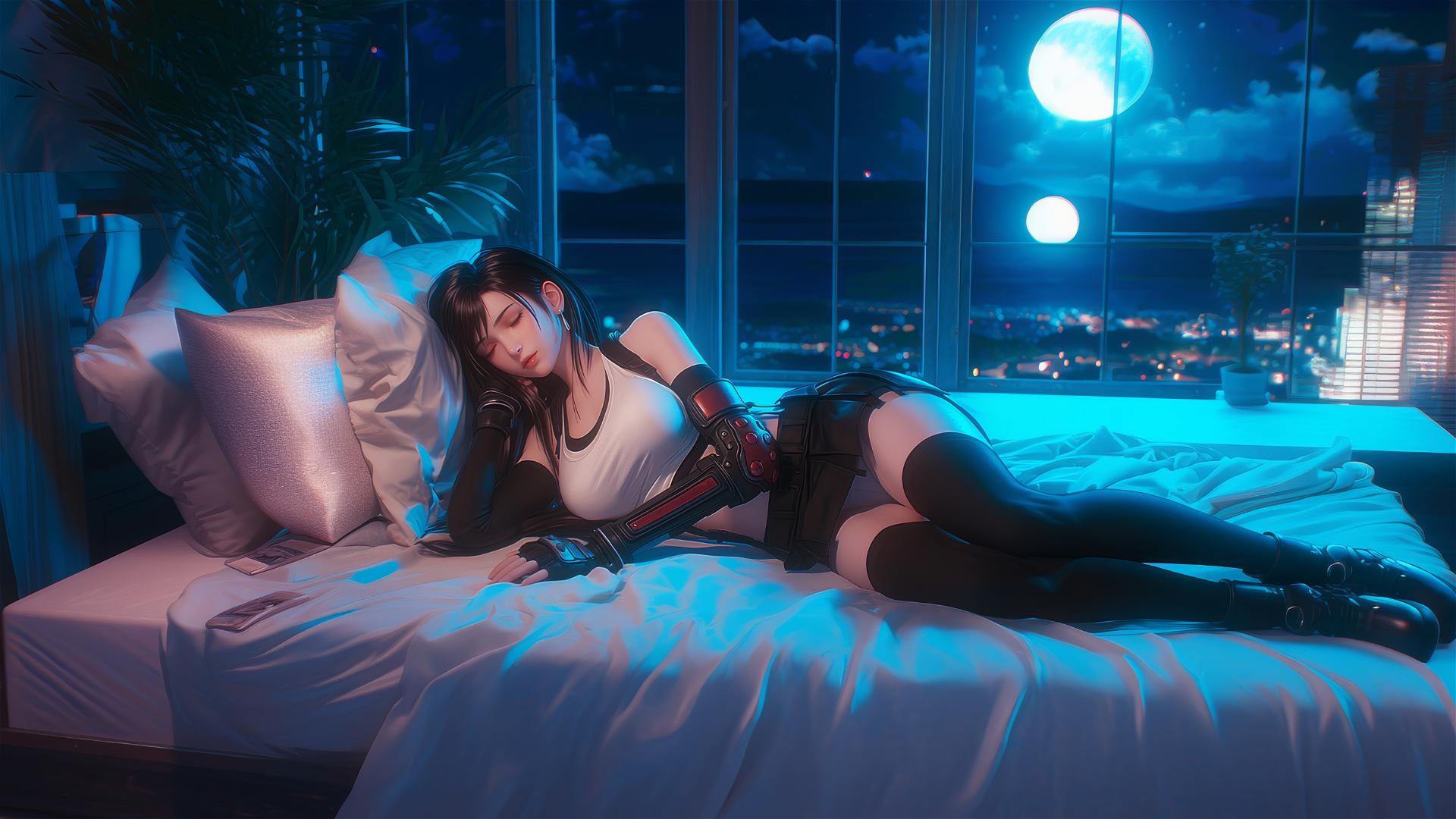 Tifa Lockhart resting in her room with moonlight glow