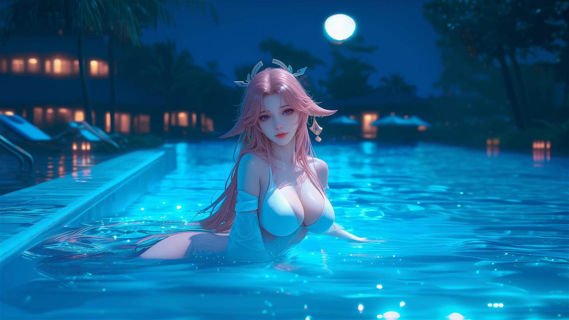 Yae Miko from Genshin Impact resting by a swimming pool under moonlight.