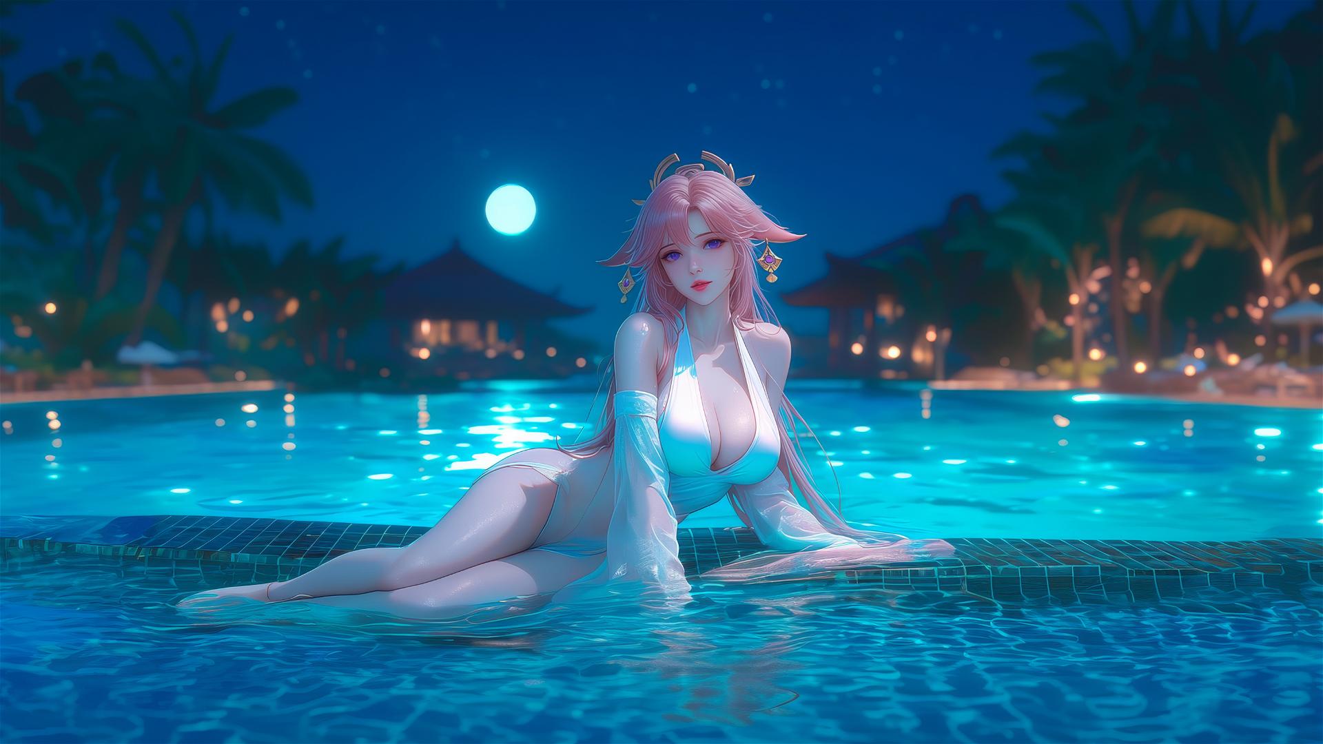 Yae Miko from Genshin Impact resting by a moonlit pool