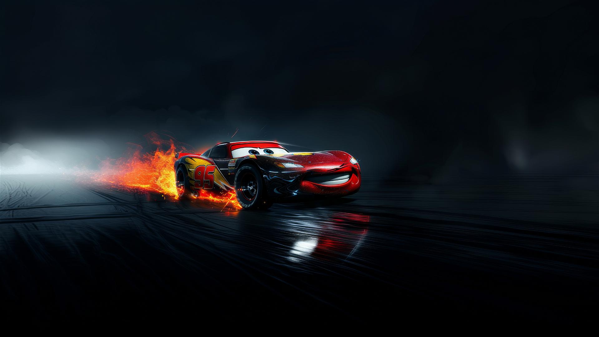 Pixar-style 3/4 view of Lightning McQueen from Harry Potter with spotlight
