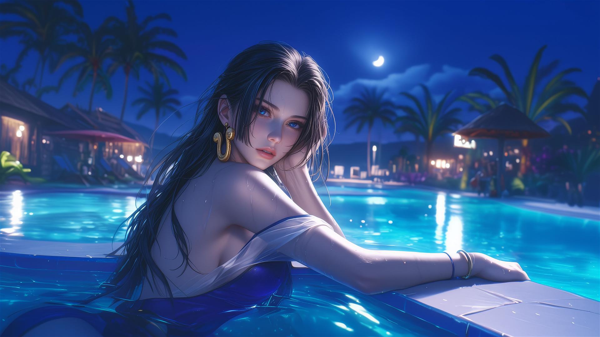 Boa Hancock resting by a moonlit swimming pool