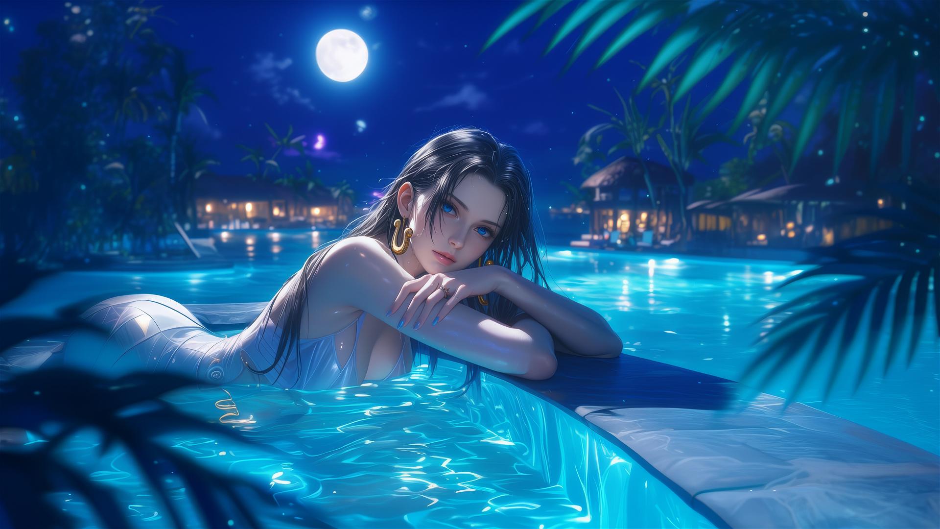 Boa Hancock resting by the pool under moonlight