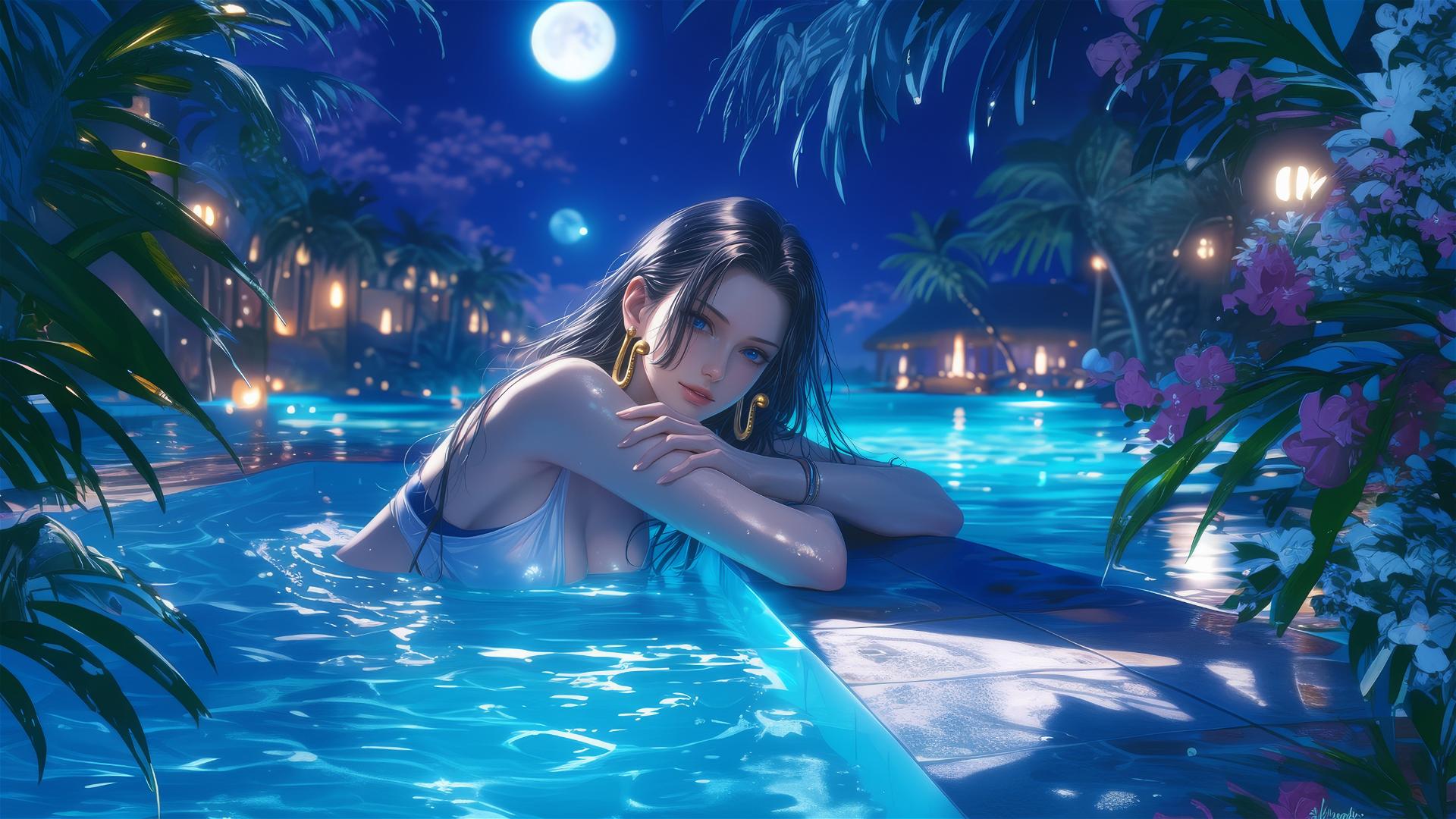 Boa Hancock from One Piece resting by the pool under moonlight