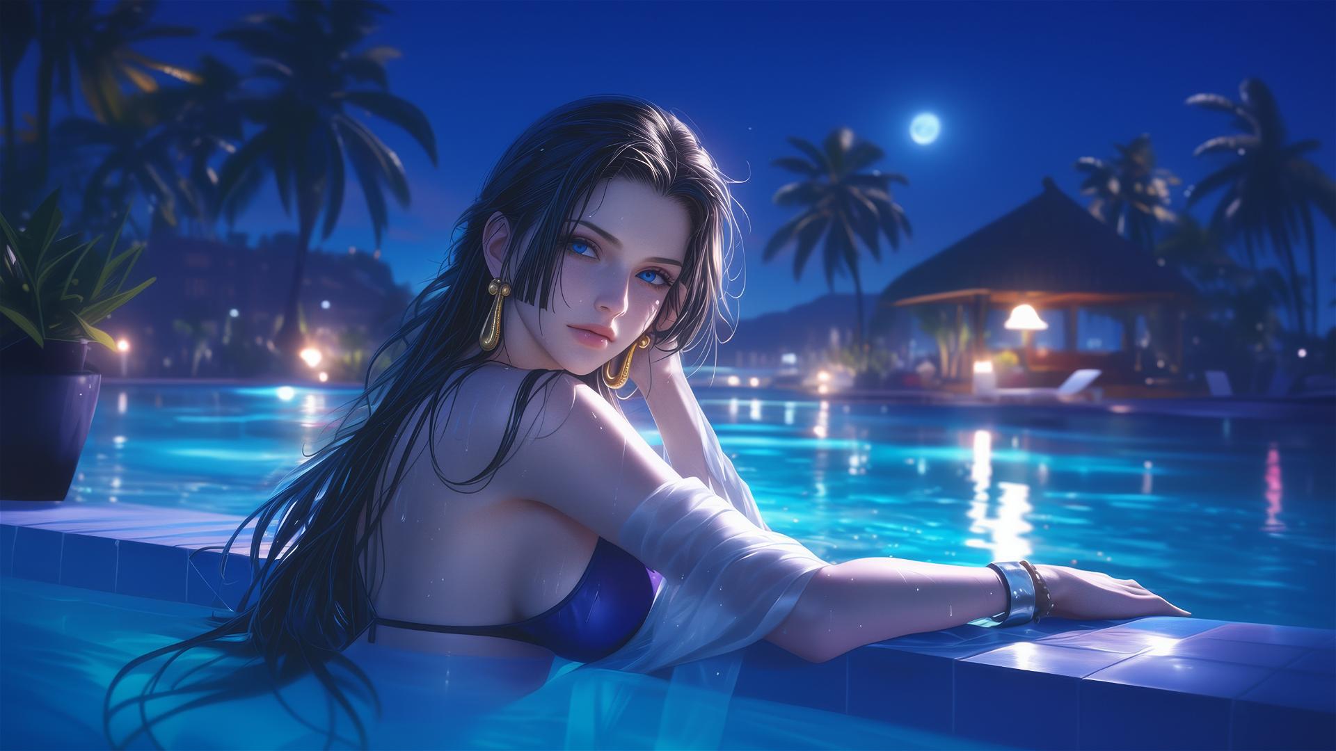 Boa Hancock resting by the swimming pool under moonlight