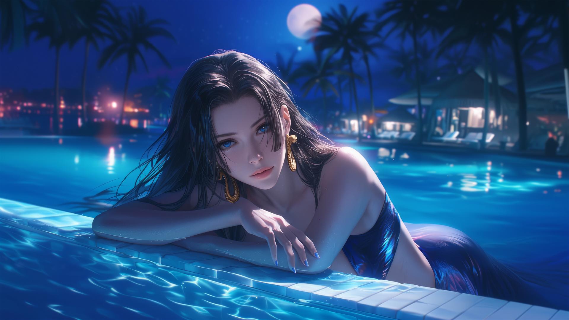 Boa Hancock from One Piece resting by a swimming pool under moonlight