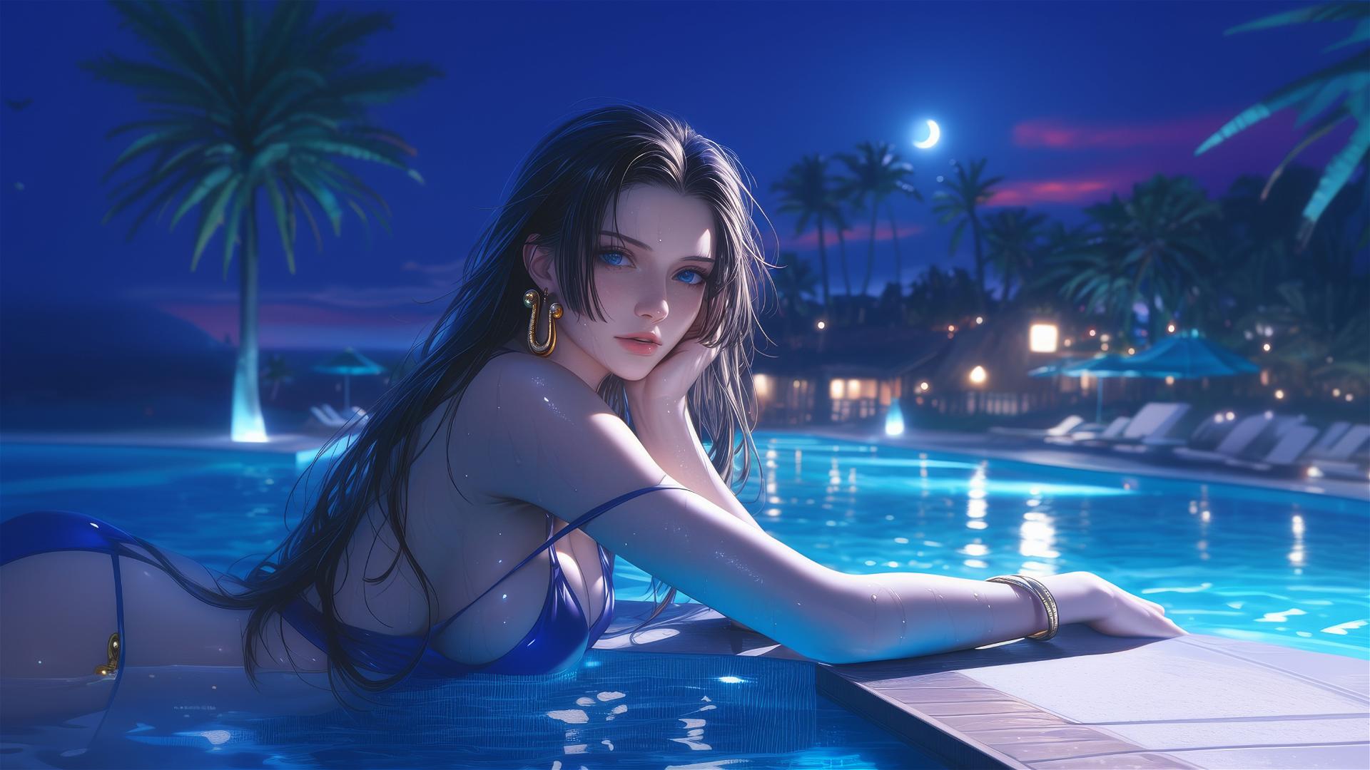 Boa Hancock from One Piece resting by a pool under moonlight