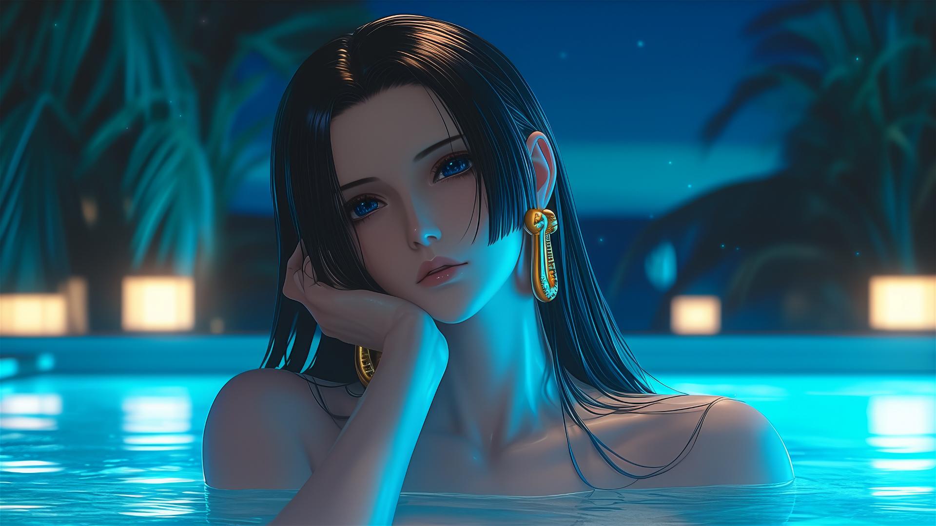 Boa Hancock from One Piece resting in a tub with moonlight glowing on her.