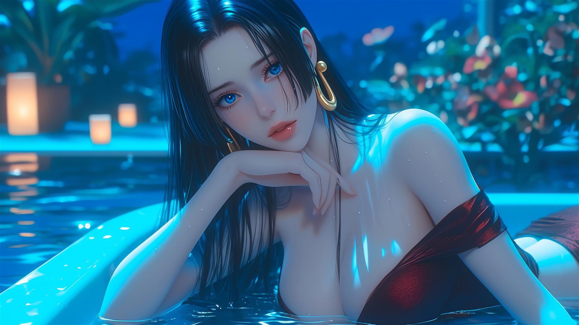 Boa Hancock from One Piece resting in a tub under moonlight.