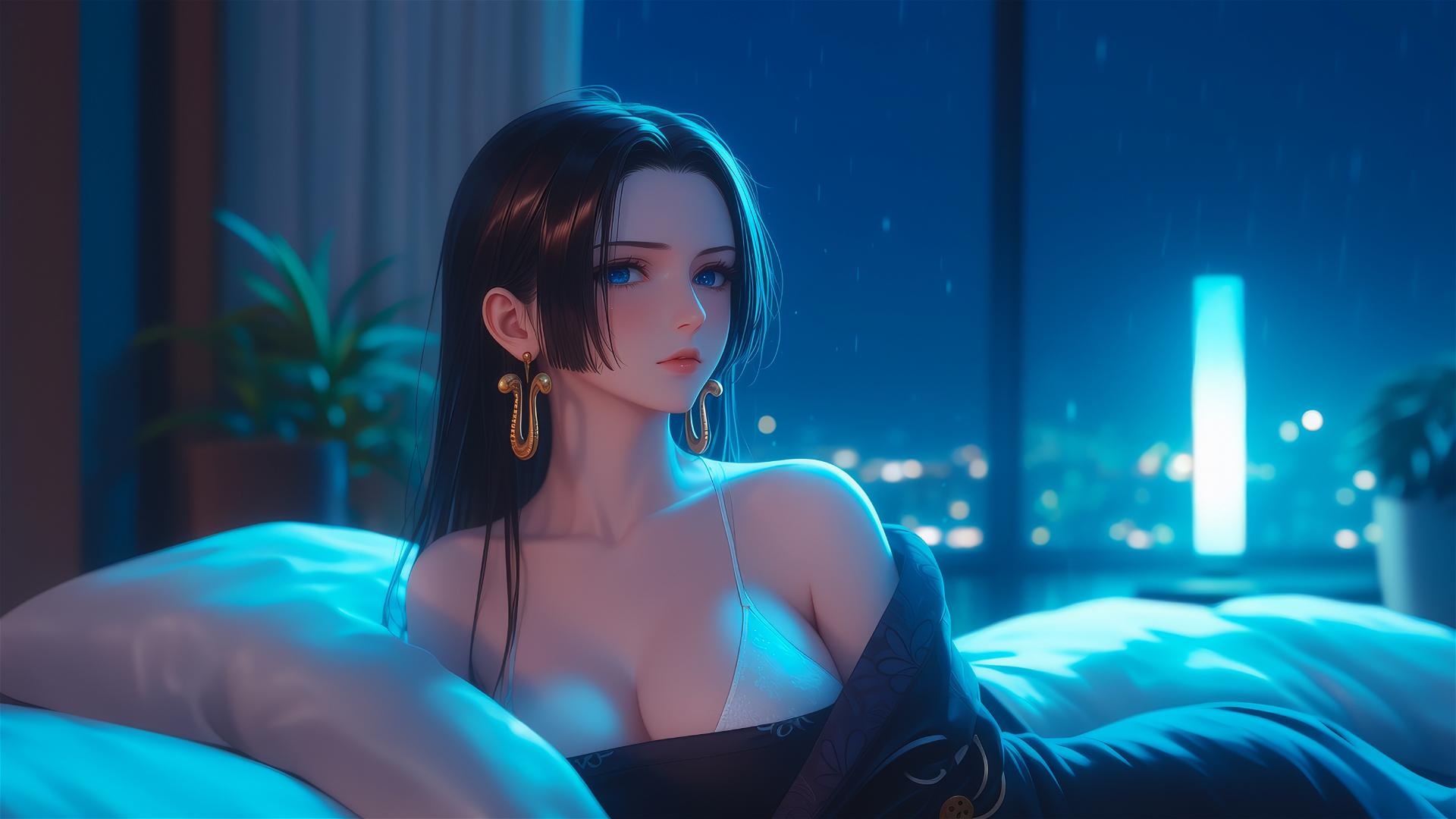 Boa Hancock from One Piece sitting in apartment with moonlight glow