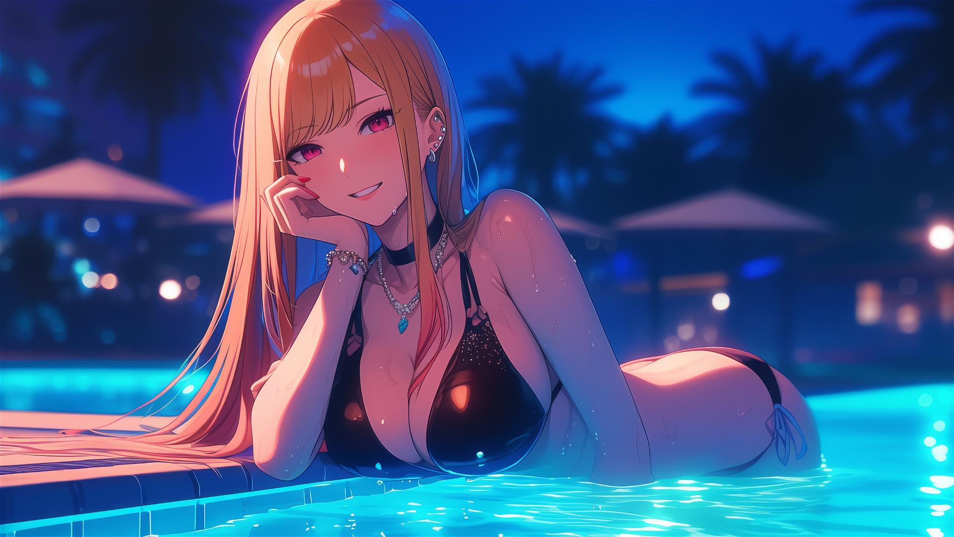 Marin Kitagawa resting at a rainy swimming pool under moonlight