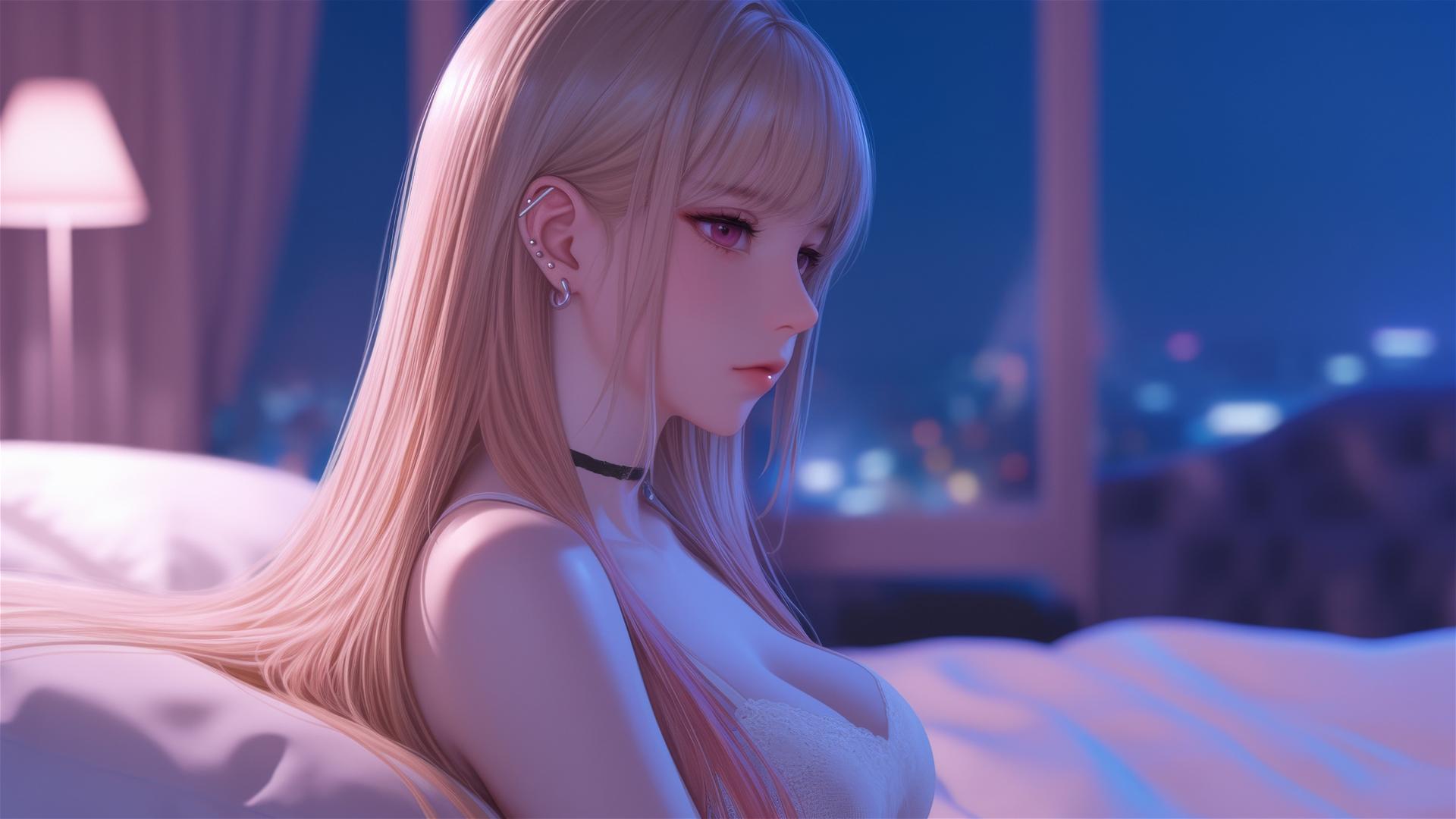 Marin Kitagawa sitting on a hotel bed under moonlight