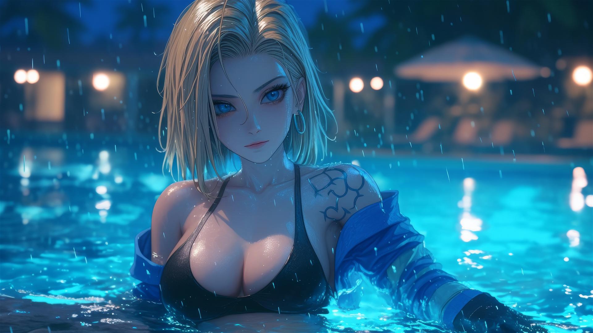 Dragon Ball Android 18 resting by a rainy swimming pool