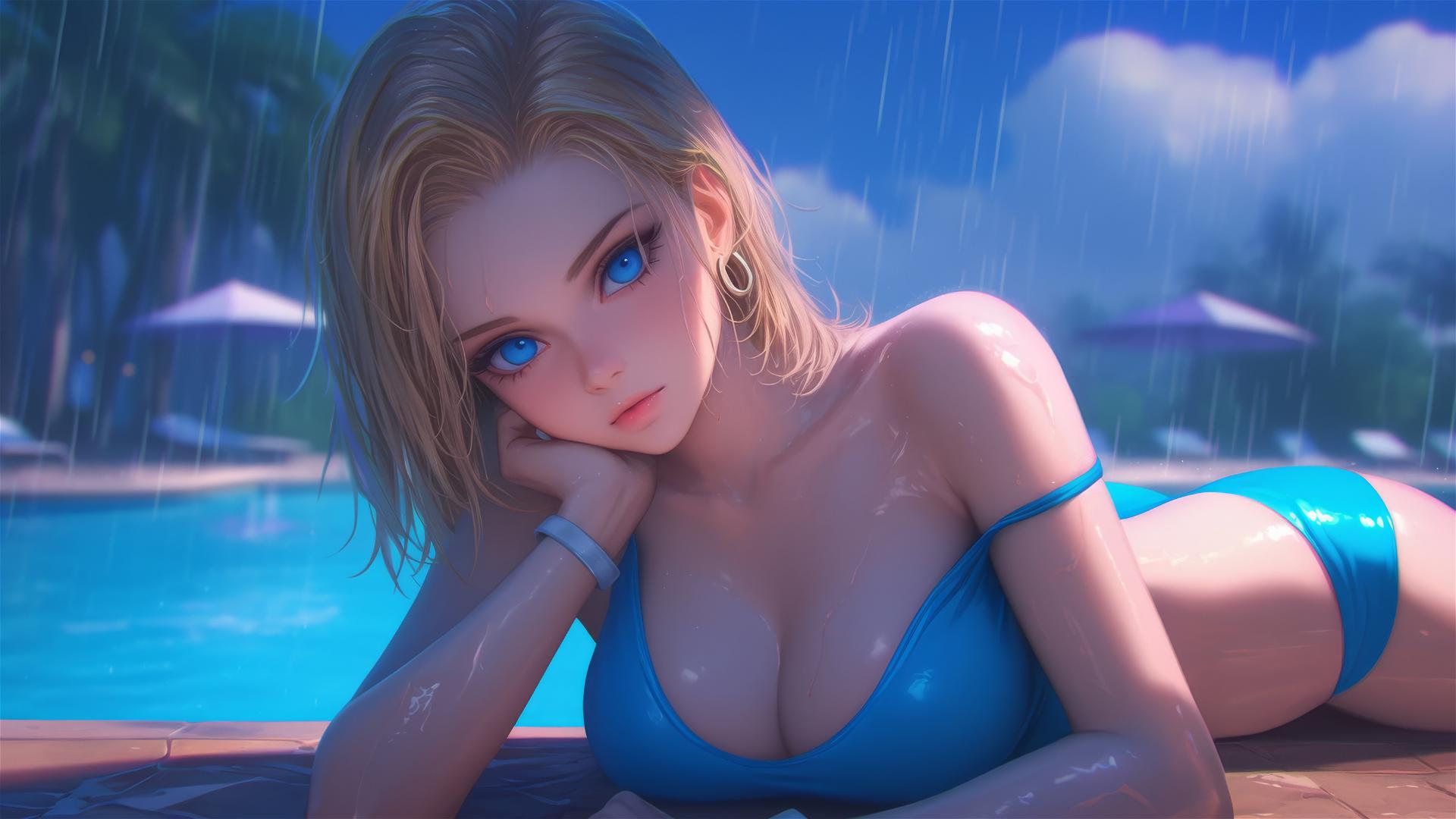 Dragon Ball Android 18 resting by a rainy pool
