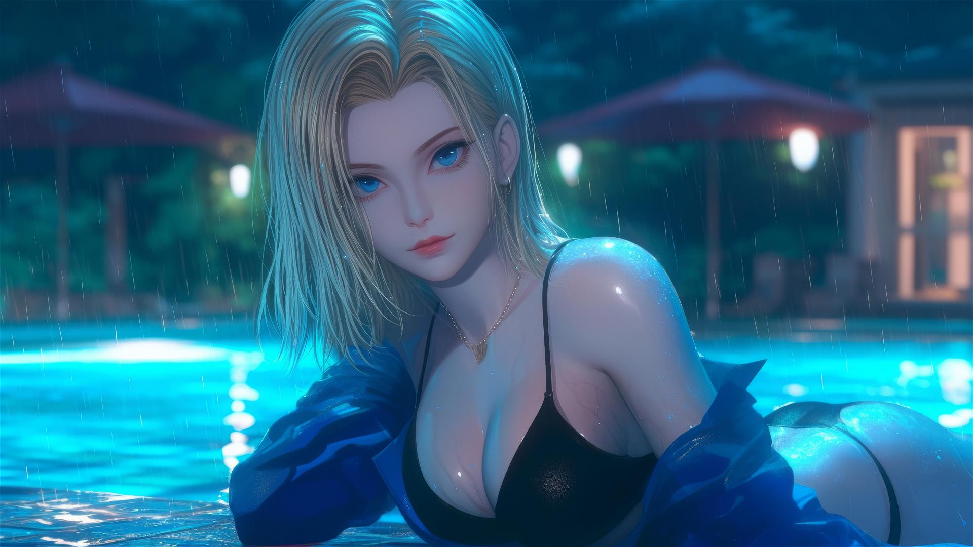 Android 18 from Dragon Ball resting by a rainy swimming pool with moonlight