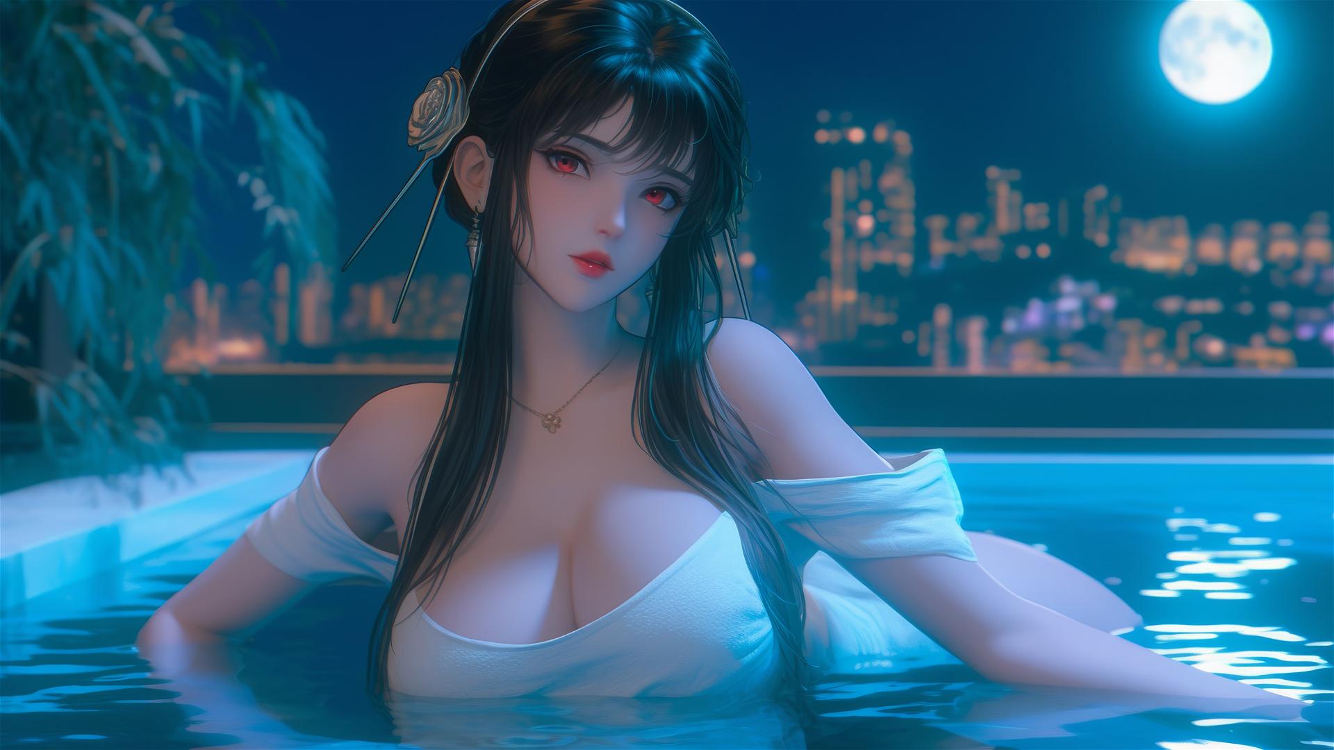 Yor Forger relaxing in a tub under moonlight