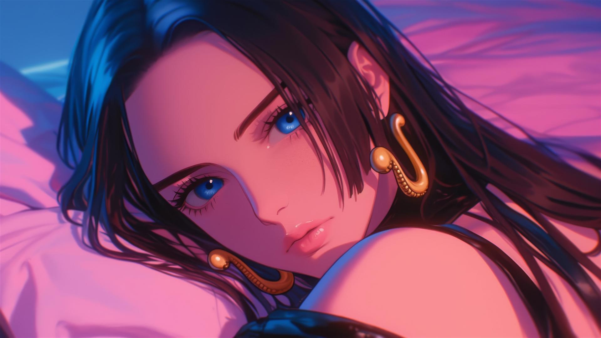High angle view of Boa Hancock from One Piece in bed wearing black and pink leather with long hair and gold earrings, against a pink background.