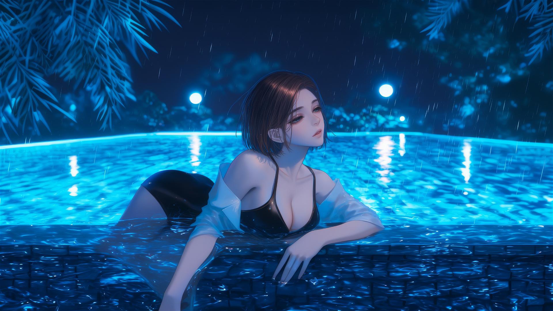 Nobara Kugisaki from Jujutsu Kaisen resting by a rainy pool in moonlight