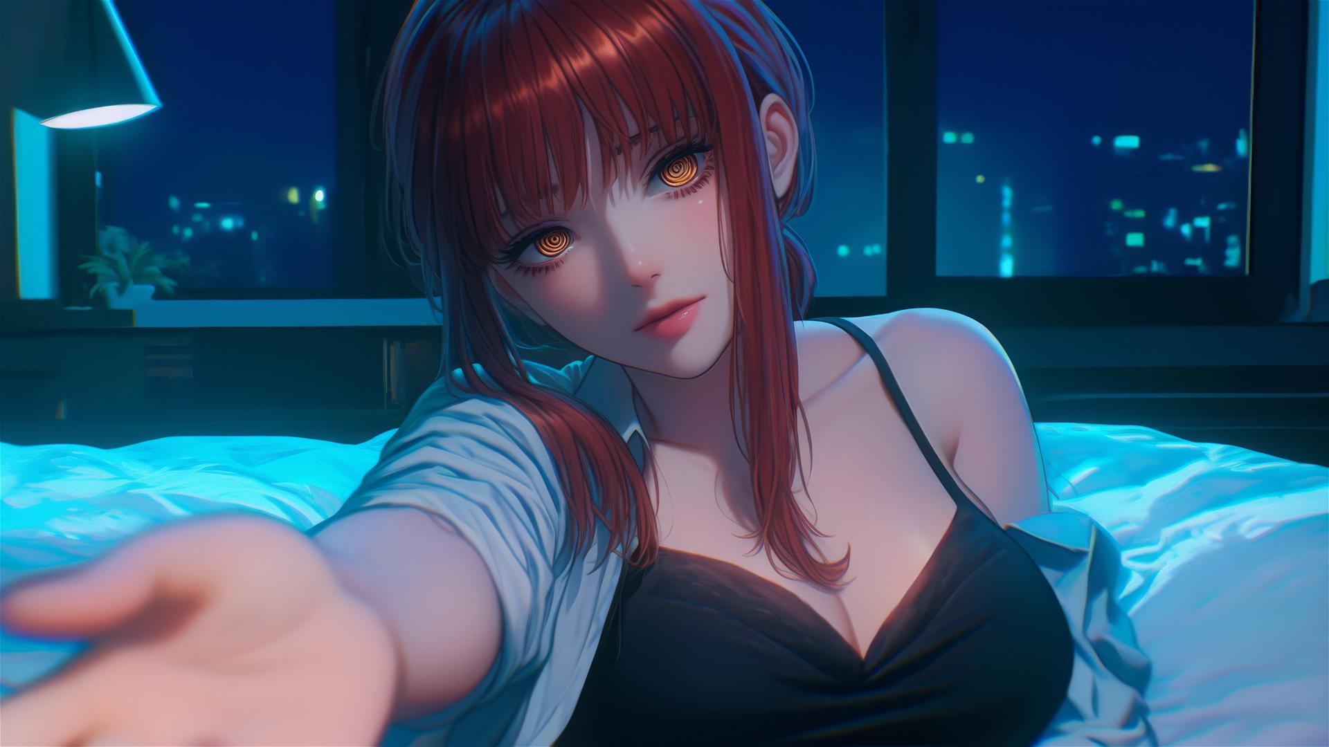High angle view of Makima from Chainsaw Man lying in bed with reddish hair