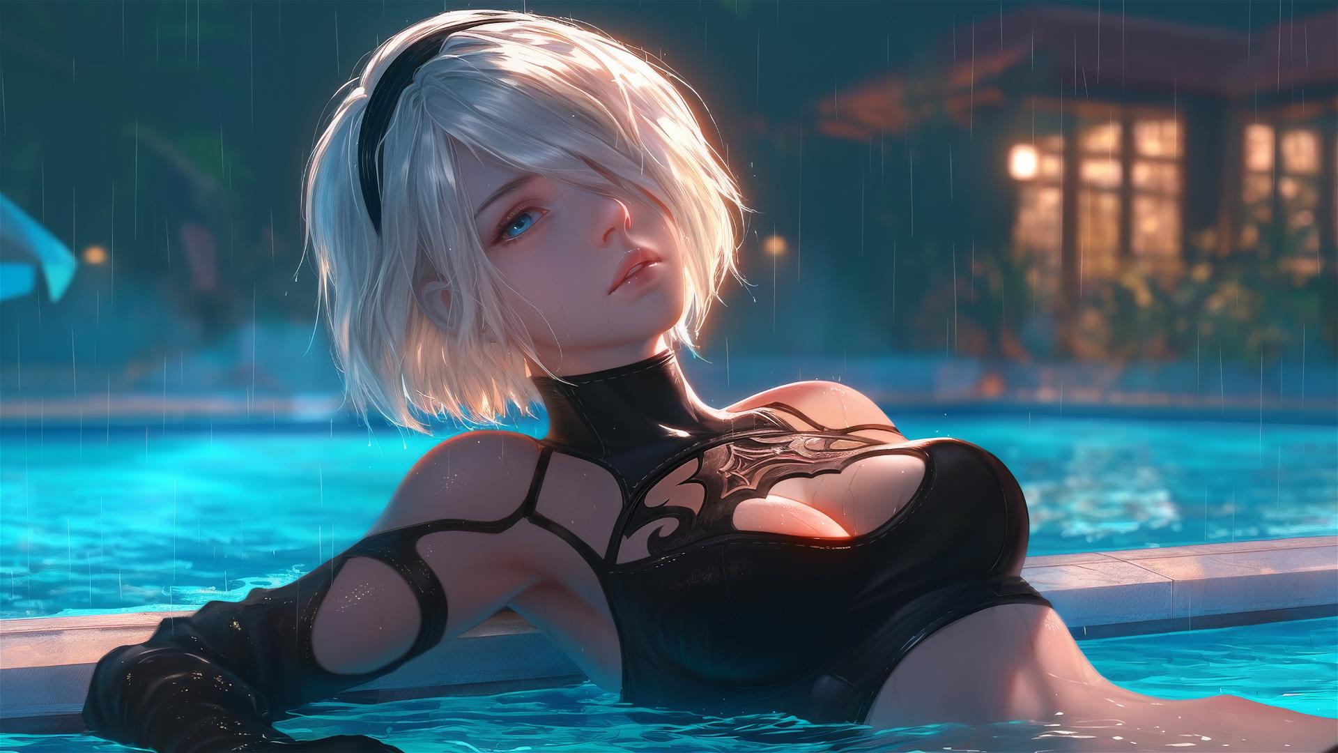 2B from Nier resting at a rainy swimming pool, moonlight glow, short hair.