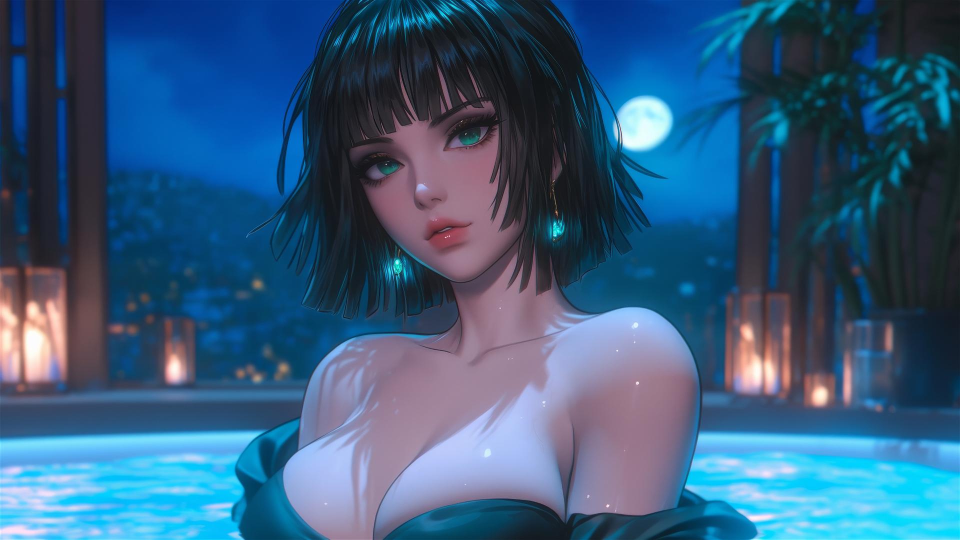 Fubuki in tub under moonlight, dark green bobbed hair, light green eyes